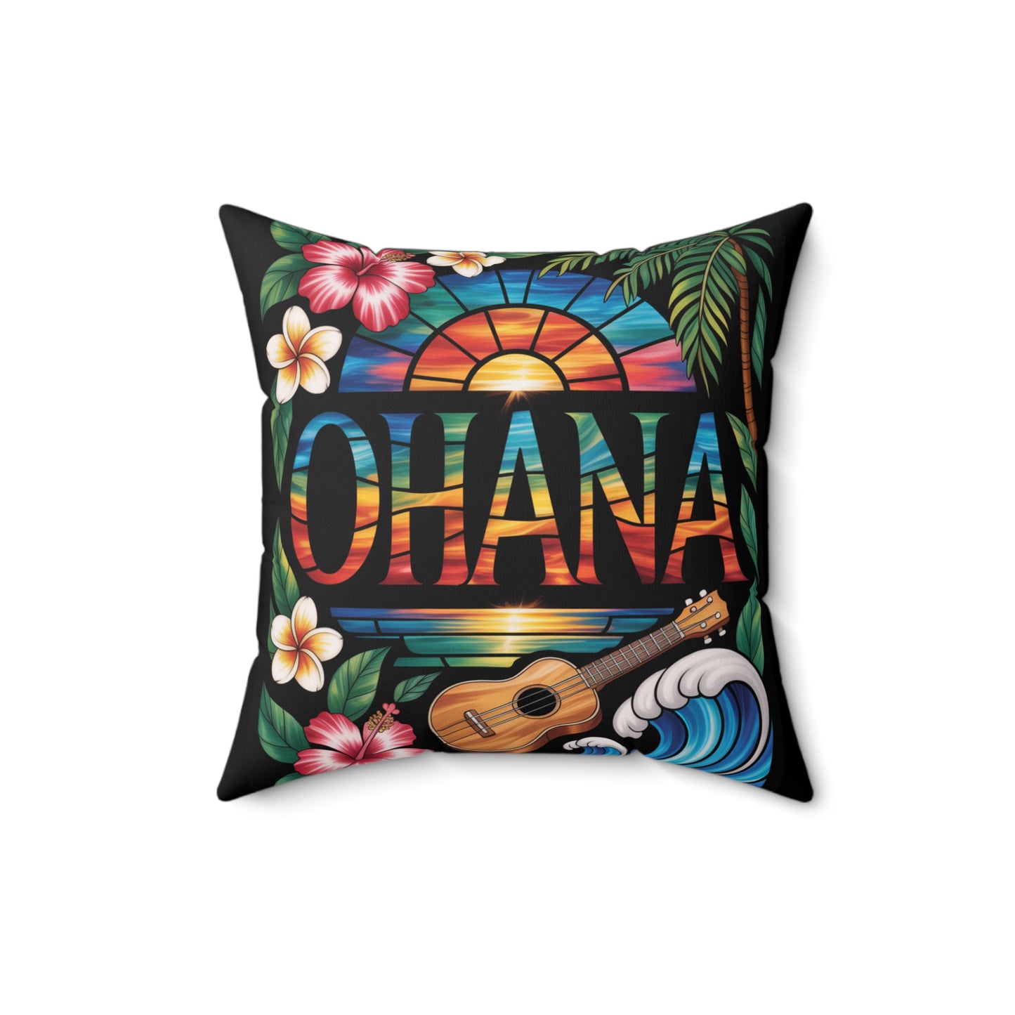 Ohana Throw Pillow – Hawaiian Sunset Cushion with Ukulele & Tropical Flowers, Aloha Decor, Beach House Accent, Family Gift, Island Living