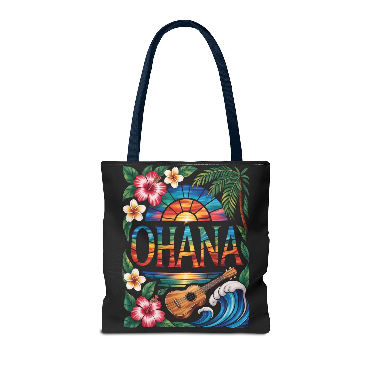 Ohana Tote Bag – Hawaiian Tropical Beach Bag with Ukulele, Sunset & Hibiscus Flowers, Island Gift for Women, Aloha Family Vibes