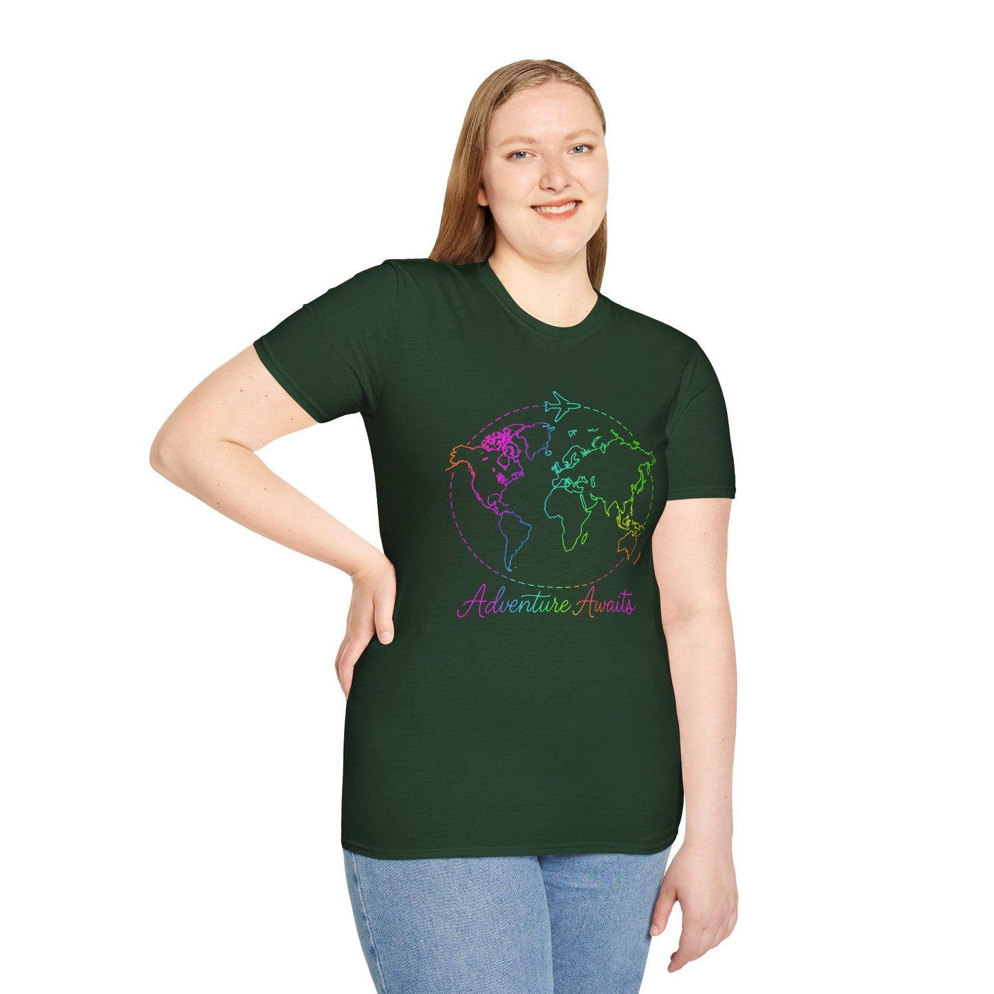 Adventure Awaits Neon Y2K Shirt - Retro Travel Tee, Rainbow Globe Graphic, Aesthetic Vacation Top, Y2K Gift for Travelers