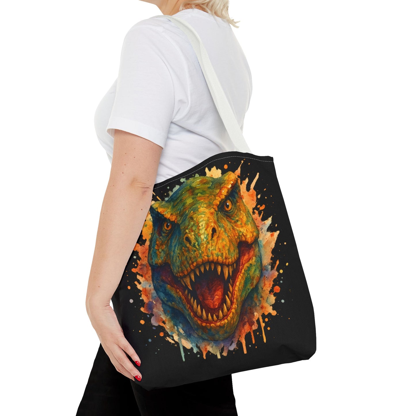 T-Rex Watercolor Tote Bag - 100% Polyester Canvas, Vibrant Dinosaur Art Bag, Reusable Beach-Market Tote, Dino Lover Gift, Bold Style
