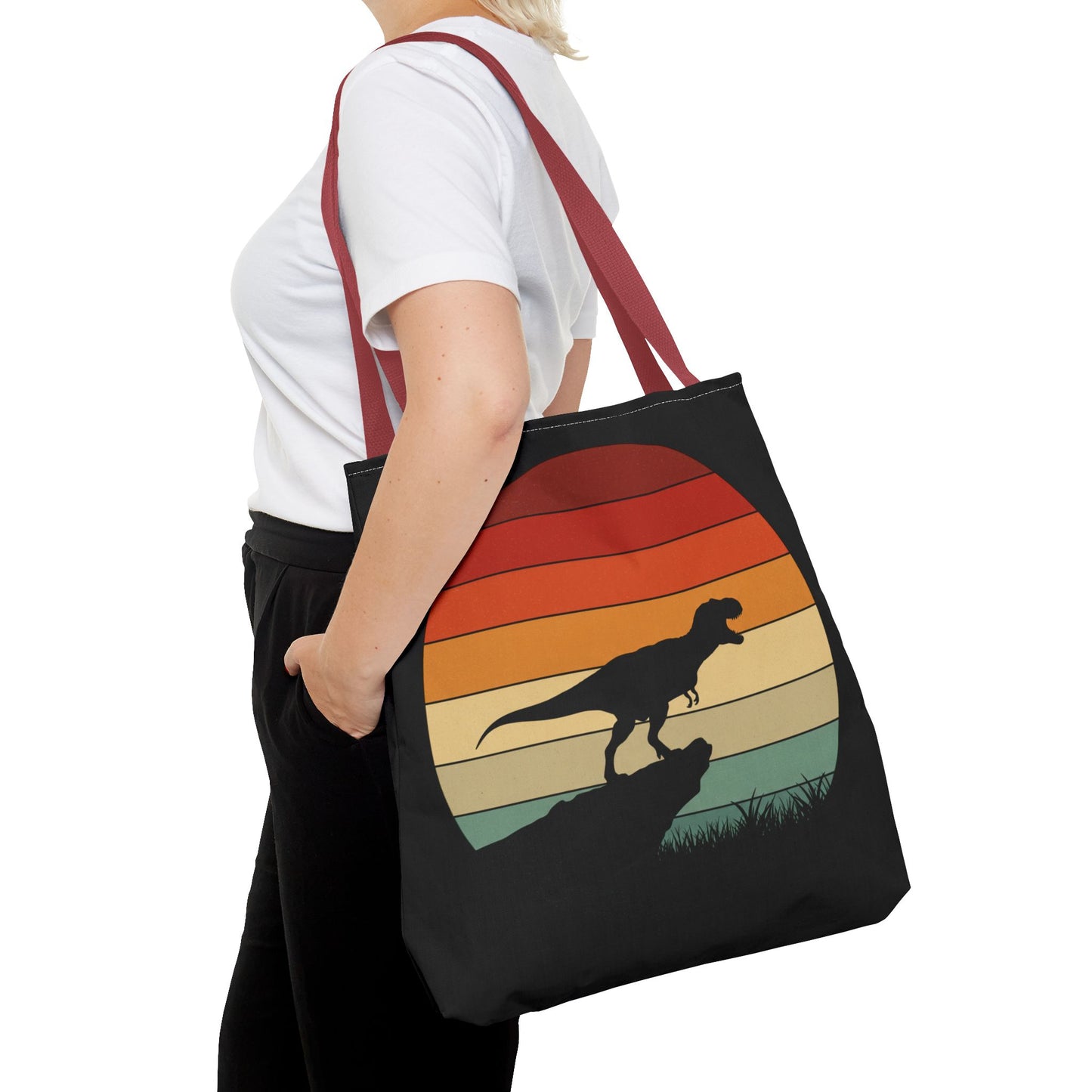Retro Dinosaur Sunset Tote Bag | AOP Canvas Shopper - Eco Beach Bag for Dino Lovers and Kids, All-Over Print Summer Travel Gift