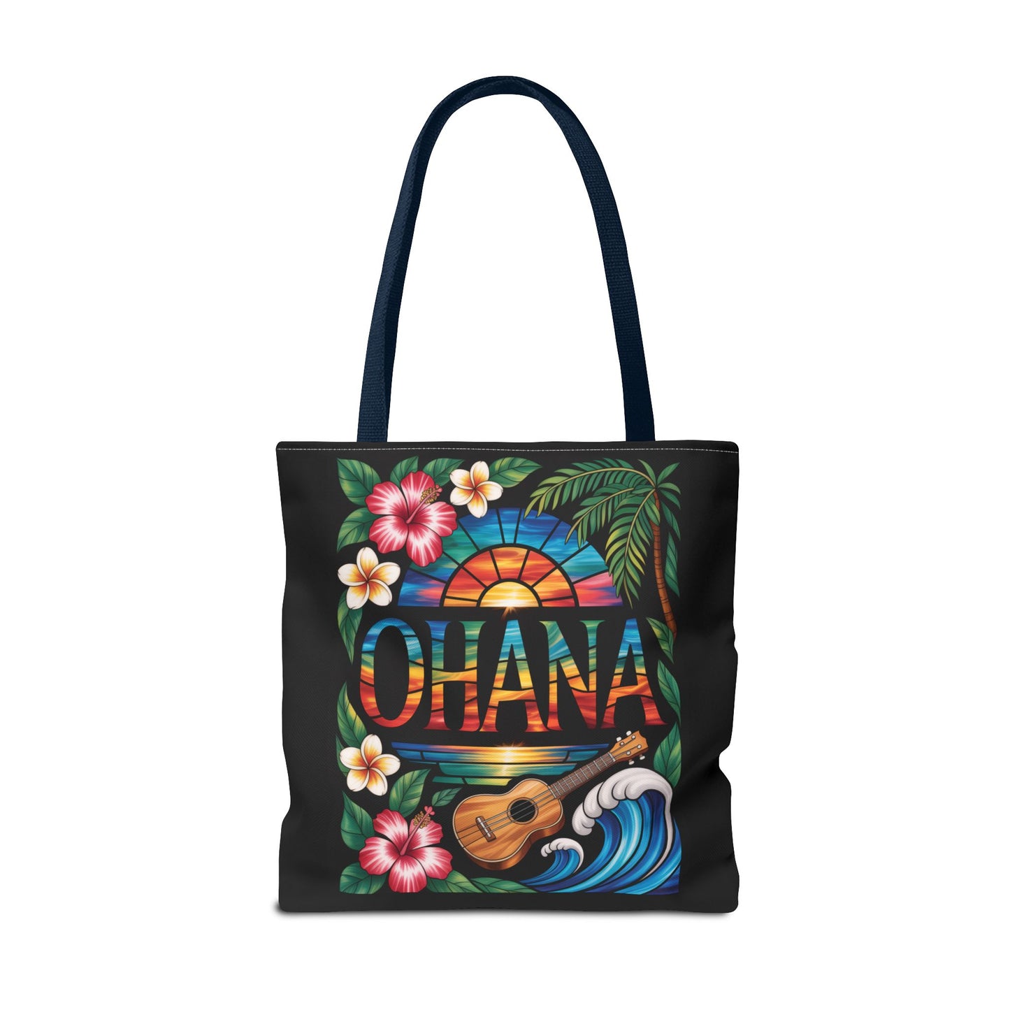Ohana Tote Bag – Hawaiian Tropical Beach Bag with Ukulele, Sunset & Hibiscus Flowers, Island Gift for Women, Aloha Family Vibes