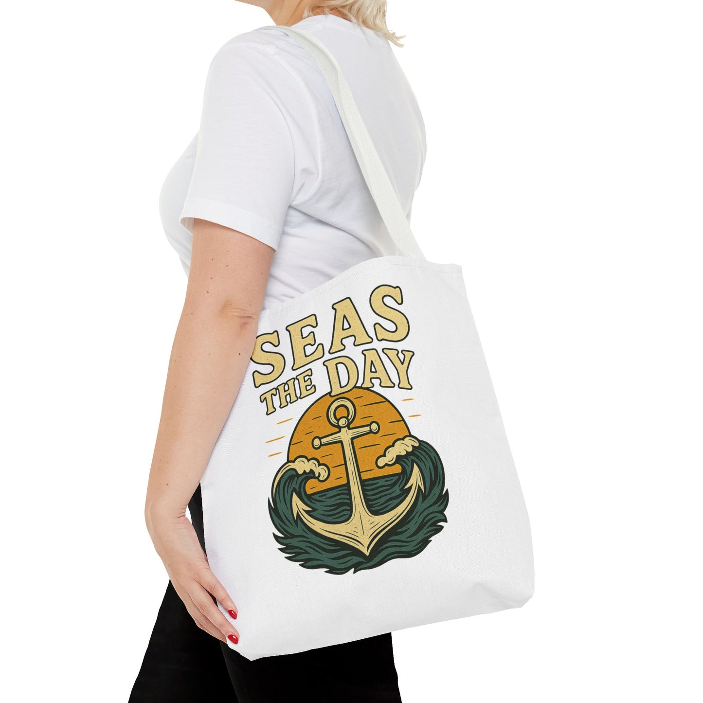 "Seas the Day" Nautical Tote Bag – Funny Beach Quote Canvas Bag with Anchor | Coastal Gift Idea for Summer, Travel, or Daily Use