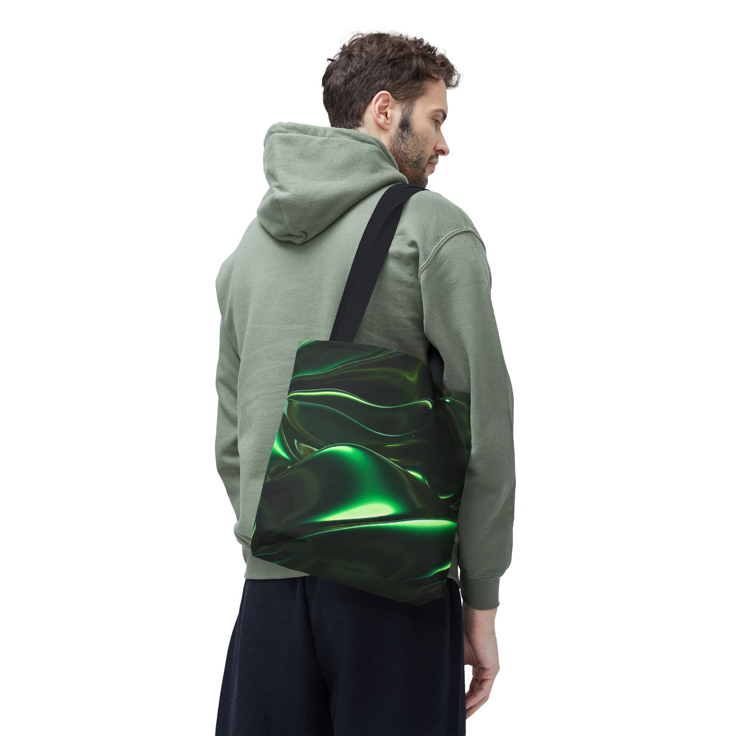 Futuristic Green Tote Bag - Abstract Metallic Wave Art Tote - Glossy Cyber Aesthetic Bag, Techwear Vibes, Edgy Gamer Gift, Trendy Street Style