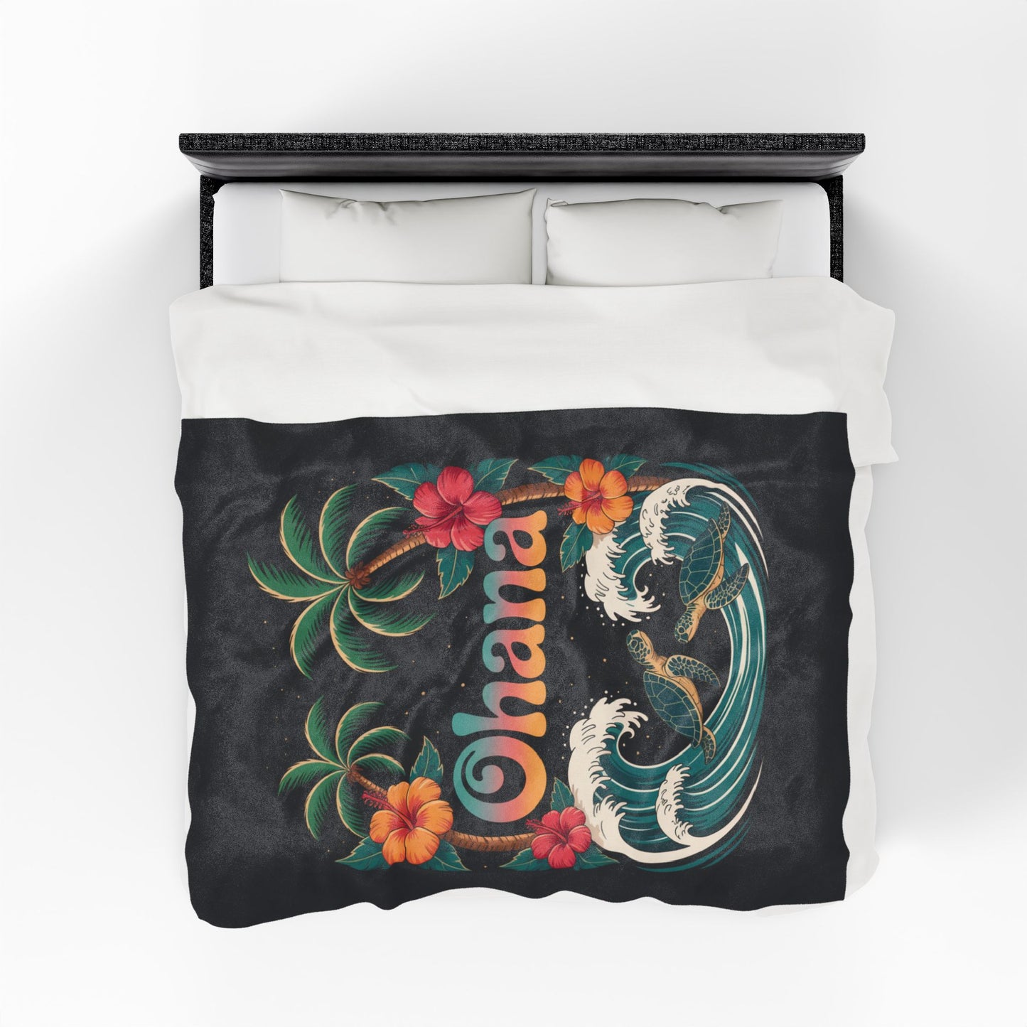 Ohana Hawaiian Turtle Blanket - Tropical Beach Throw with Palm Trees & Hibiscus - Cozy Coastal Decor Gift - Soft Summer Bed Blanket