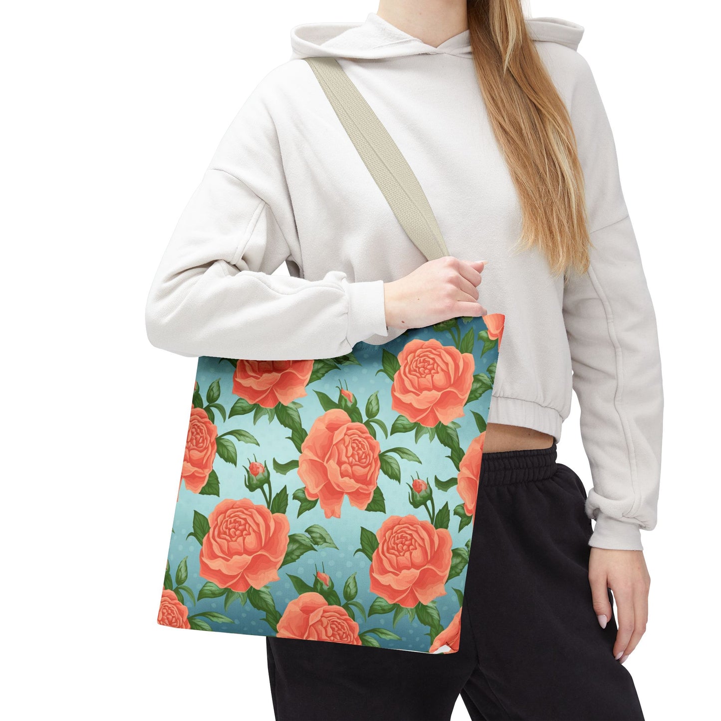 Vintage Floral Tote Bag – Coral Rose Pattern on Blue Background – Aesthetic Everyday Carry Bag – Reusable Fabric Market Tote Gift