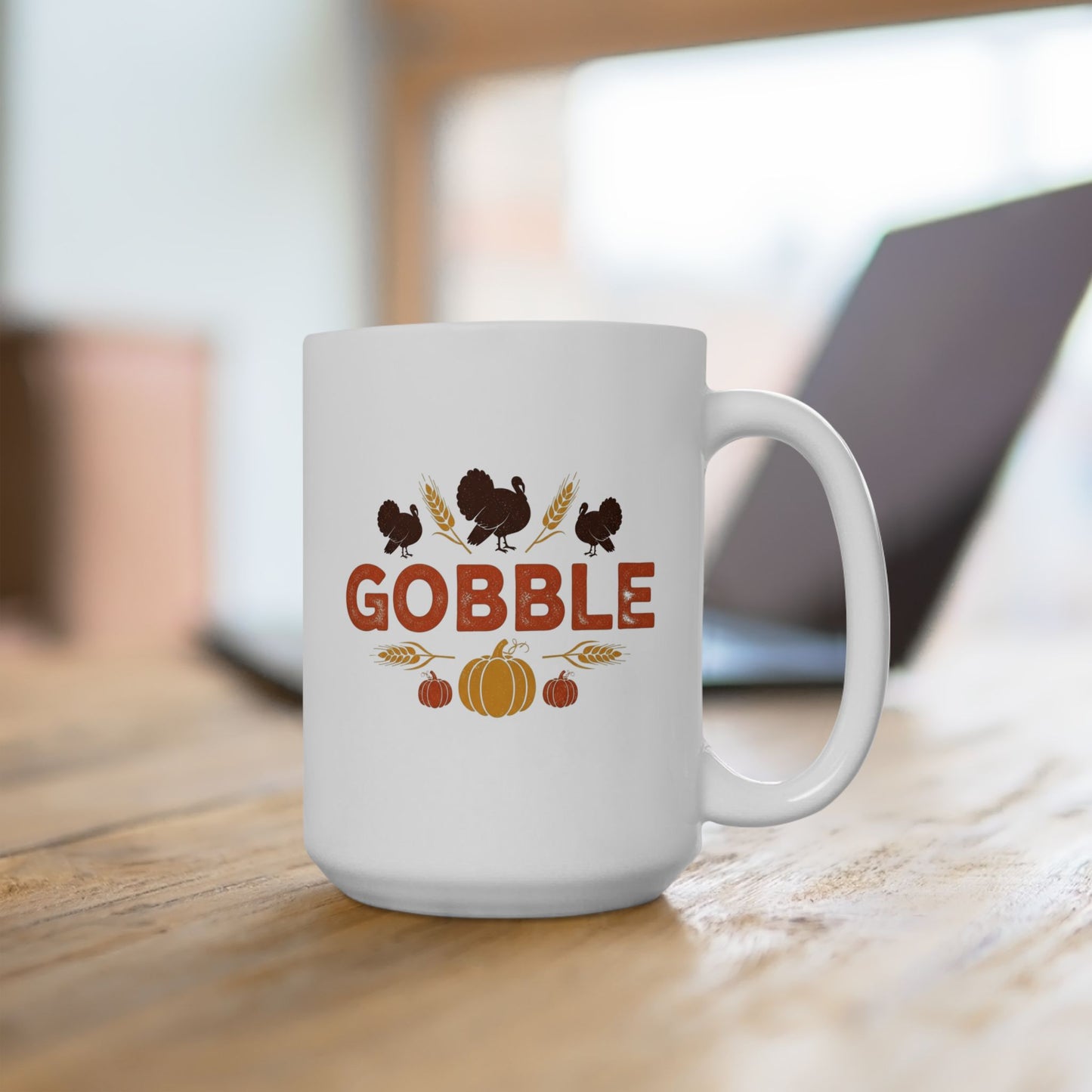 Gobble Thanksgiving Mug, Fall Turkey Coffee Cup With Pumpkins And Harvest Design, Festive Autumn Ceramic Mug For Holiday Decor And Gifts