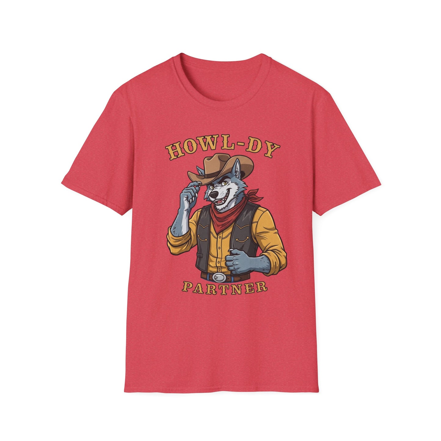 Howl-dy Partner Wolf Cowboy T-Shirt | Western Howling Wolf Graphic Tee, Funny Animal Shirt, Cowboy Gifts, Rustic Country Tee