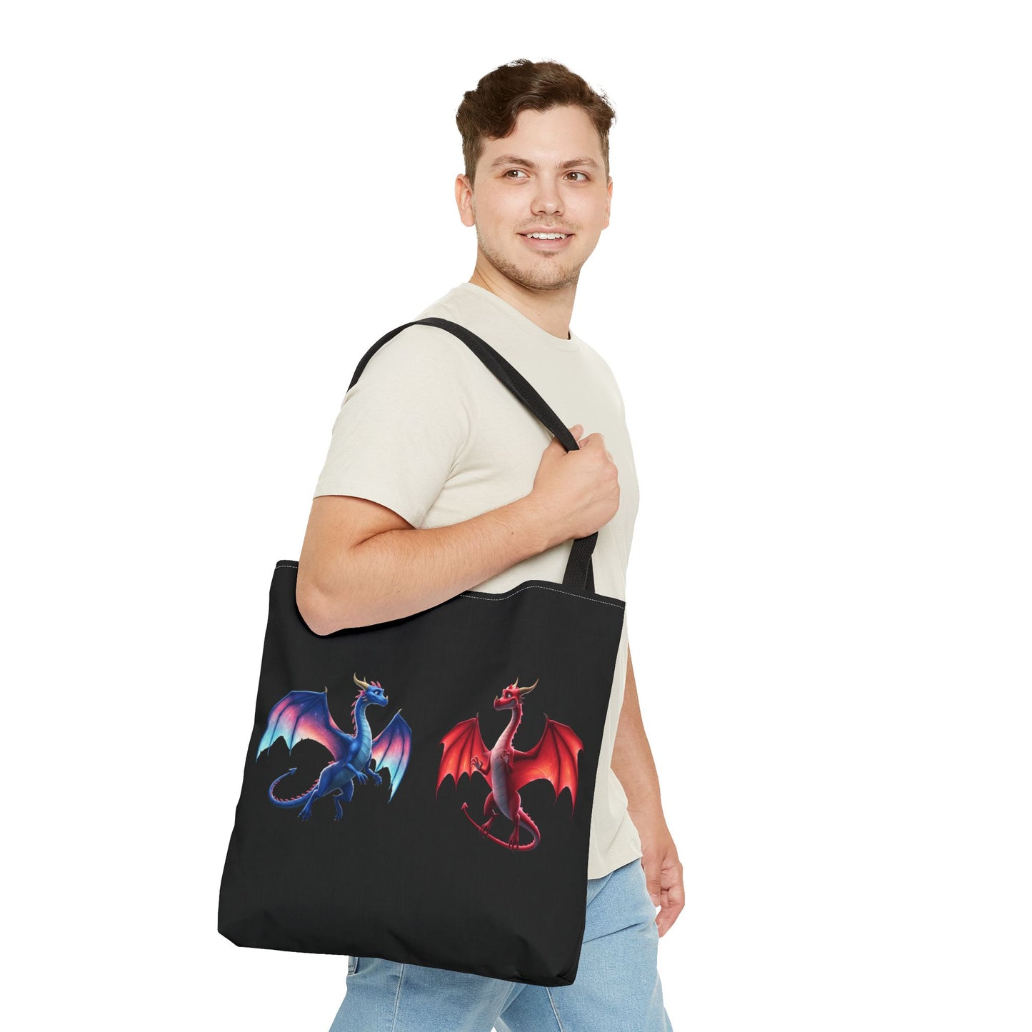 Double-Sided Fantasy Dragon Tote Bag - Cute Green & Blue-Red Dragons, Eco Canvas Book Lover Gift, Reusable Shopping Tote