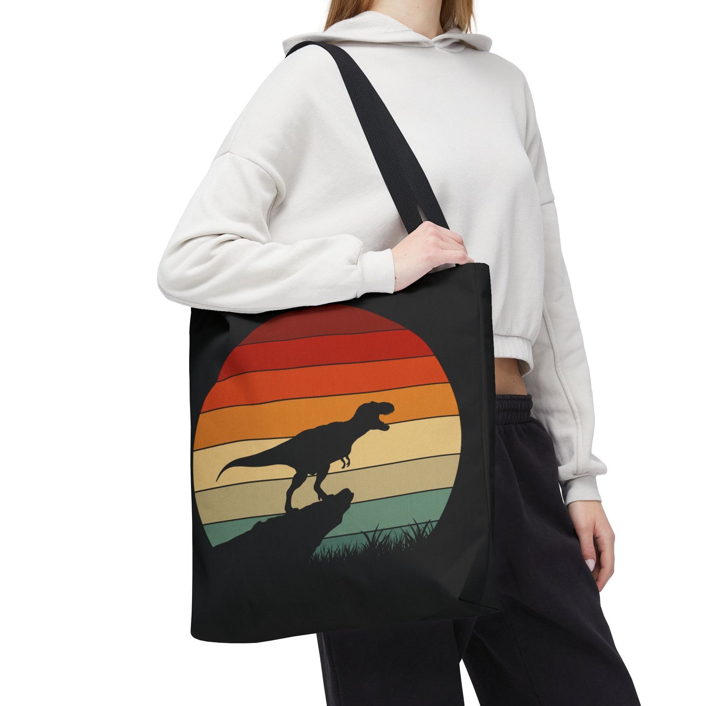 Retro Dinosaur Sunset Tote Bag | AOP Canvas Shopper - Eco Beach Bag for Dino Lovers and Kids, All-Over Print Summer Travel Gift