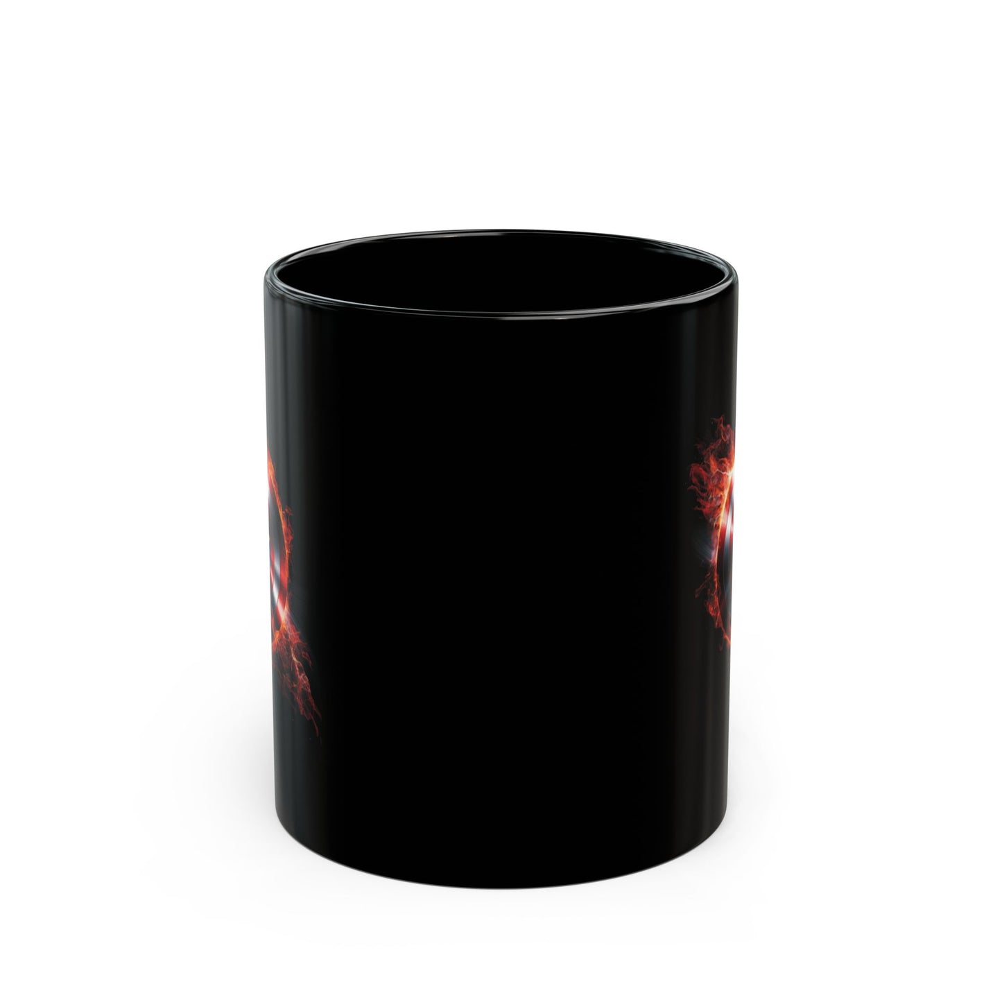 Flaming Shield Emblem Mug - Fiery Red White Blue Star Coffee Cup, Metal-Inspired Symbol Design, Bold Hero Vibes Gift for Fans and Coffee Lovers