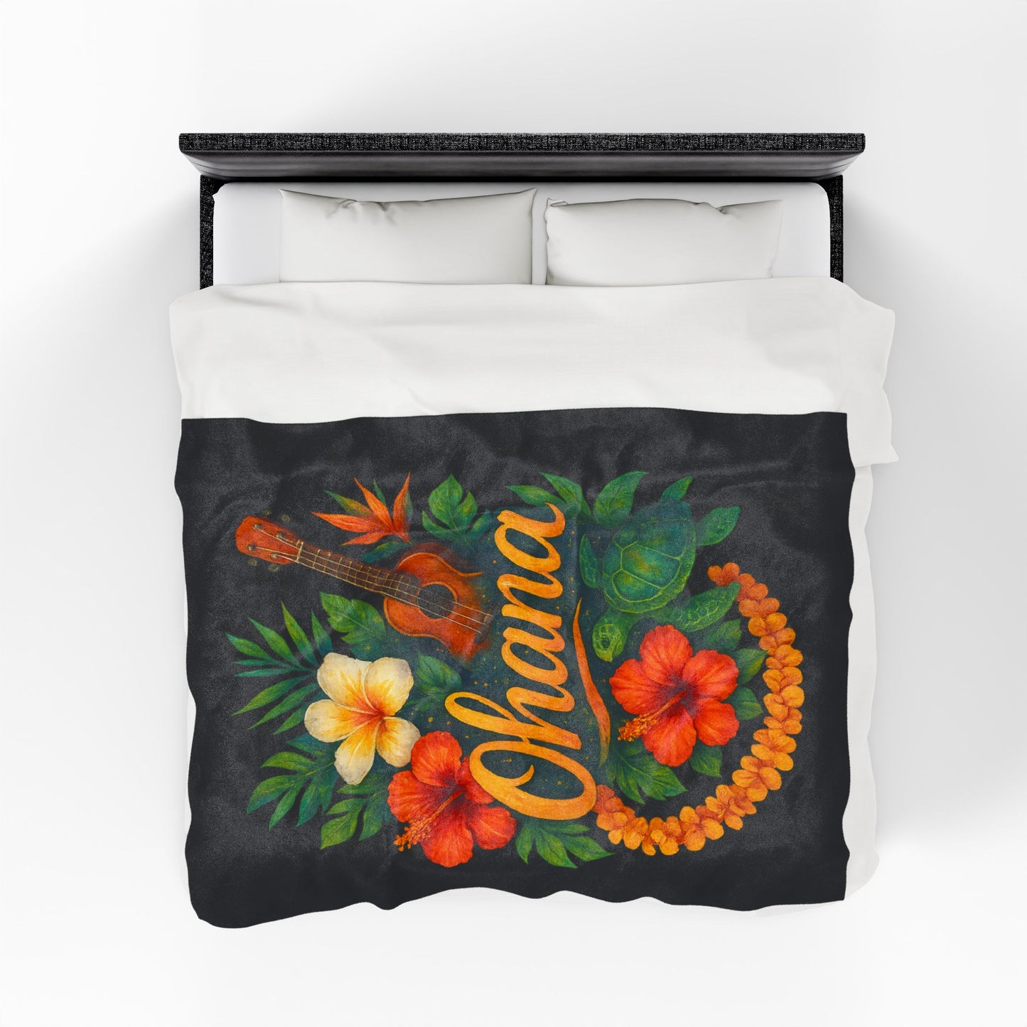 Ohana Hawaiian Blanket - Tropical Floral Turtle Ukulele Throw - Polynesian Island Bedding - Hawaii Gift - Cozy Beach Vibes Decor
