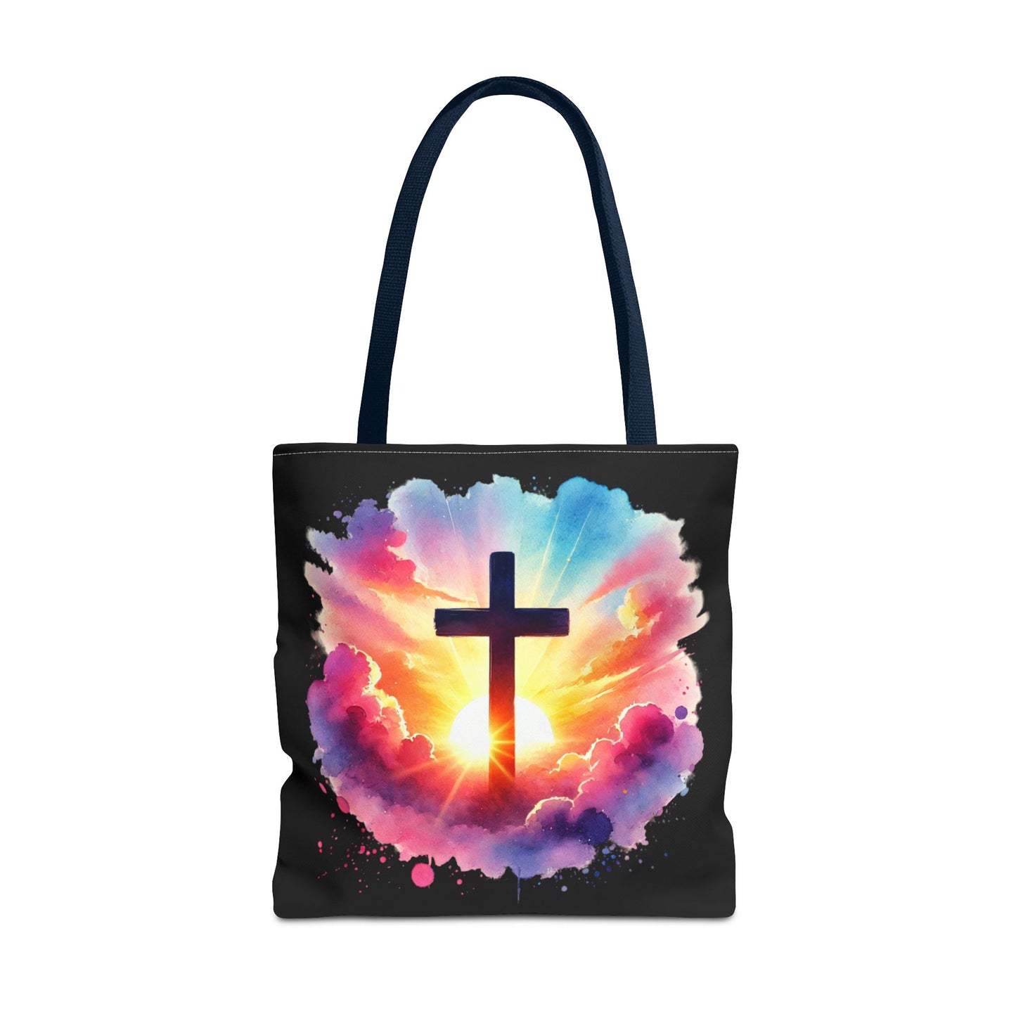 Inspirational Watercolor Sunrise Cross Tote Bag – Faith Art Canvas Tote, Christian Gift, Spiritual Aesthetic, Colorful Bible Verse Tote – Reusable Black Tote