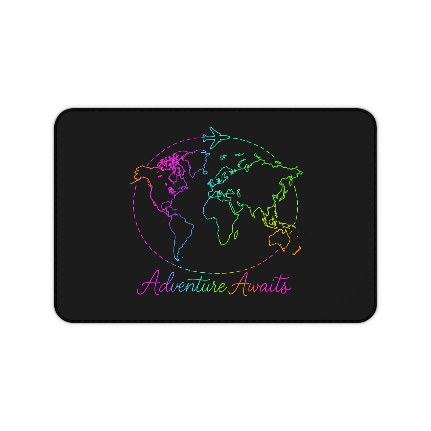 Adventure Awaits Neon Desk Mat - Y2K Rainbow World Map and Airplane XL Mouse Pad for Travel Aesthetic Office, Gaming & Study Desk