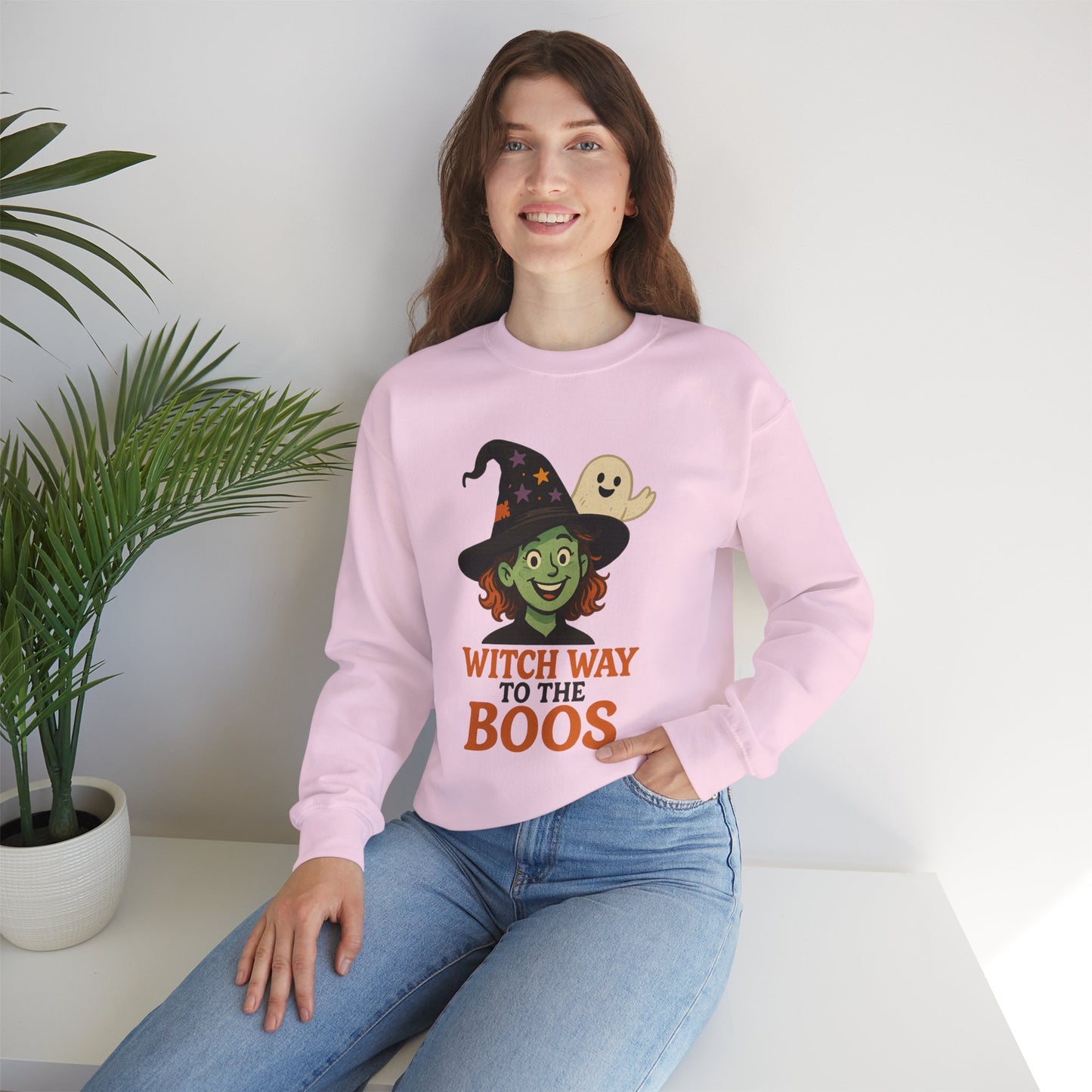 Witch Way To The Boos Sweatshirt, Funny Witch Halloween Crewneck, Witchy Ghost Sweatshirt, Spooky Season Graphic Pullover, Lighthearted Halloween Wear