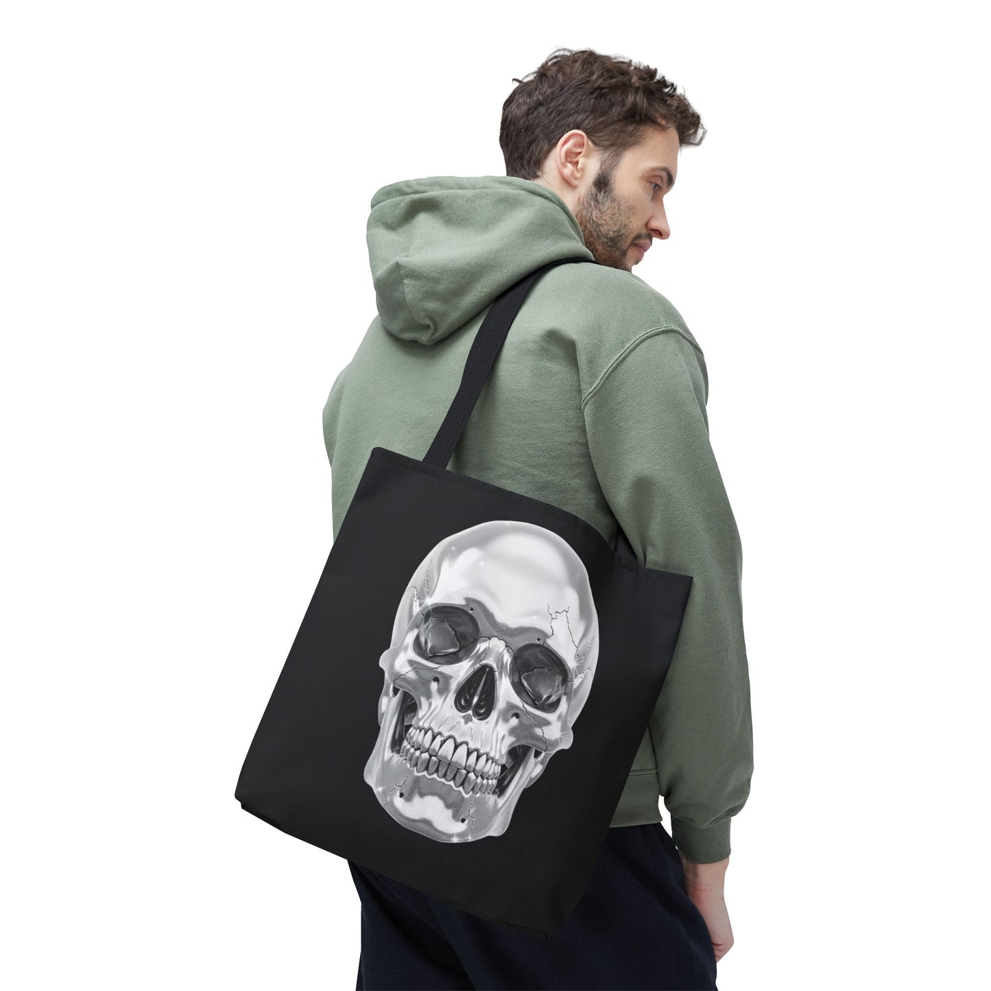 Chrome Skull Tote Bag, Gothic Halloween Canvas Tote, Metallic Skull Design Bag, Spooky Season Accessory, Skull Gift Tote For Horror Fans
