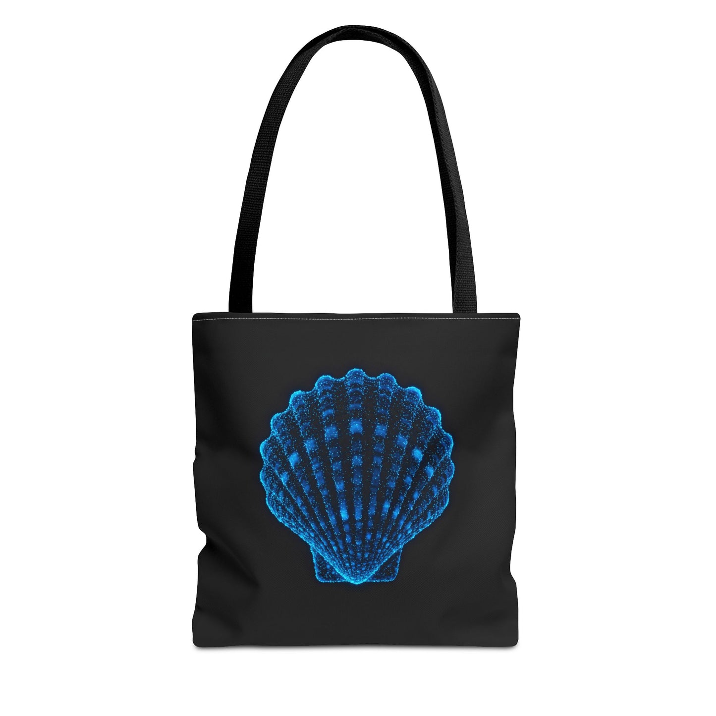 Neon Blue Shell Tote Bag – Digital Scallop Design Canvas Tote, Ocean Tech Art, Minimalist Beach Statement, Reusable Black Shopper Bag