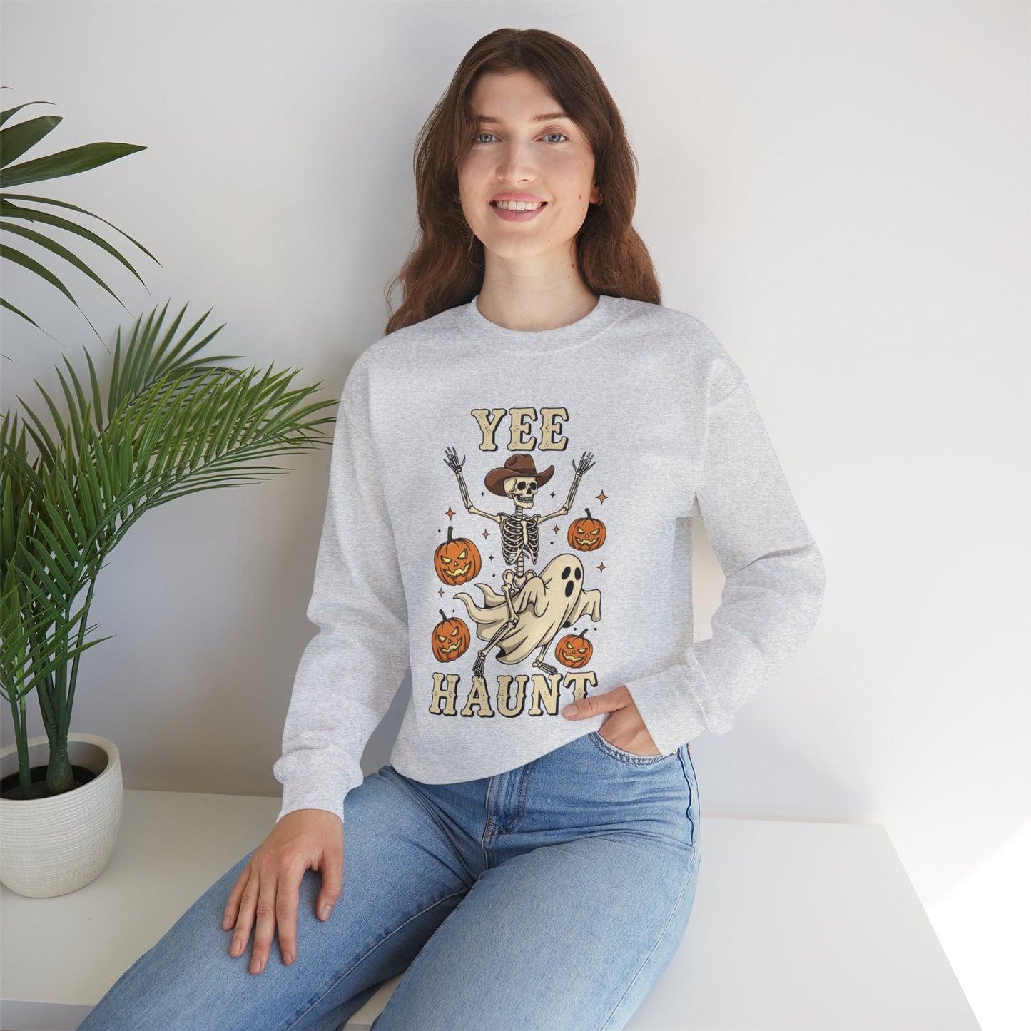 Yee Haunt Sweatshirt, Skeleton Ghost Pullover, Funny Halloween Crewneck, Spooky Pumpkin Ghost Tee, Haunting Night Graphic Sweatshirt