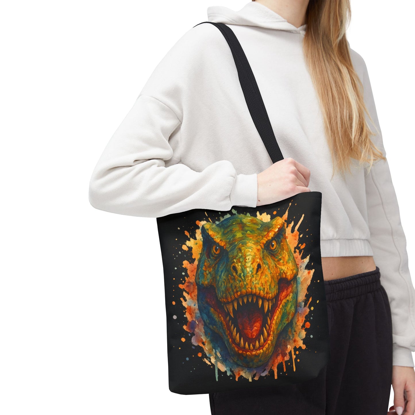 T-Rex Watercolor Tote Bag - 100% Polyester Canvas, Vibrant Dinosaur Art Bag, Reusable Beach-Market Tote, Dino Lover Gift, Bold Style