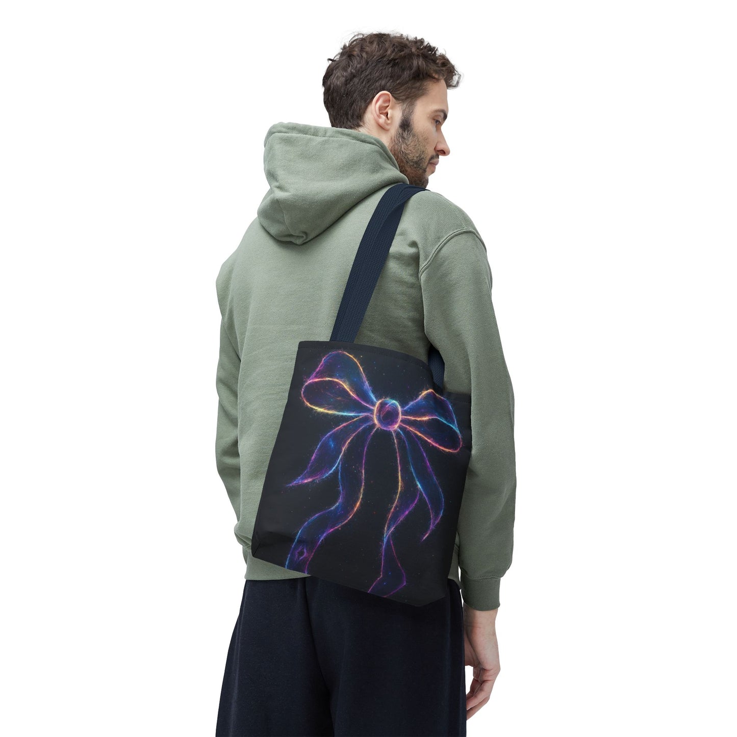 Galaxy Glow Bow Tote Bag, Cosmic Neon Ribbon Design, Black Space Art Bag, Celestial Gift For Her, Stylish Reusable Everyday Tote