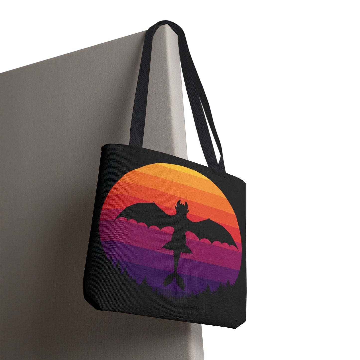 Sunset Dragon Flight Tote Bag, Reusable Eco-Friendly Shoulder Bag With Silhouette Design, Aesthetic Black Tote For Everyday Use And Gifts