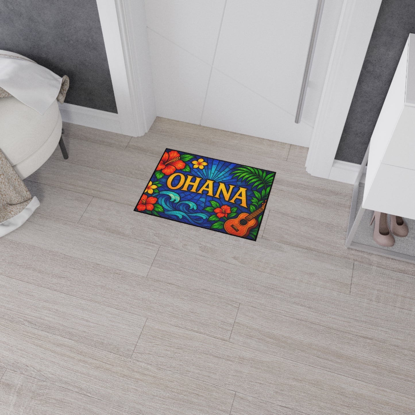 Ohana Welcome Mat - Tropical Hawaiian Rug for Entryway or Kitchen, Family Theme Doormat with Floral Aloha Vibes, Indoor Home Decor