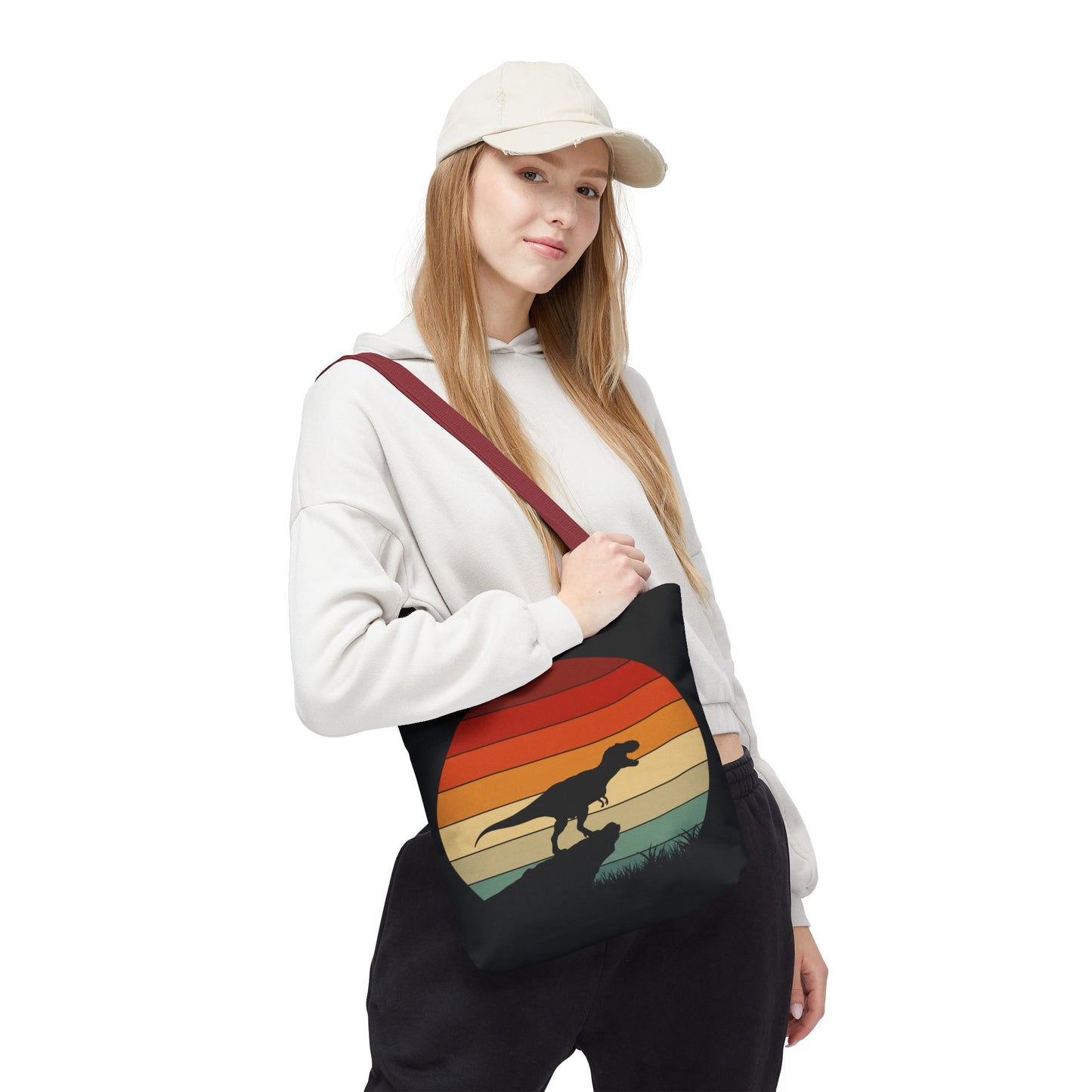 Retro Dinosaur Sunset Tote Bag | AOP Canvas Shopper - Eco Beach Bag for Dino Lovers and Kids, All-Over Print Summer Travel Gift