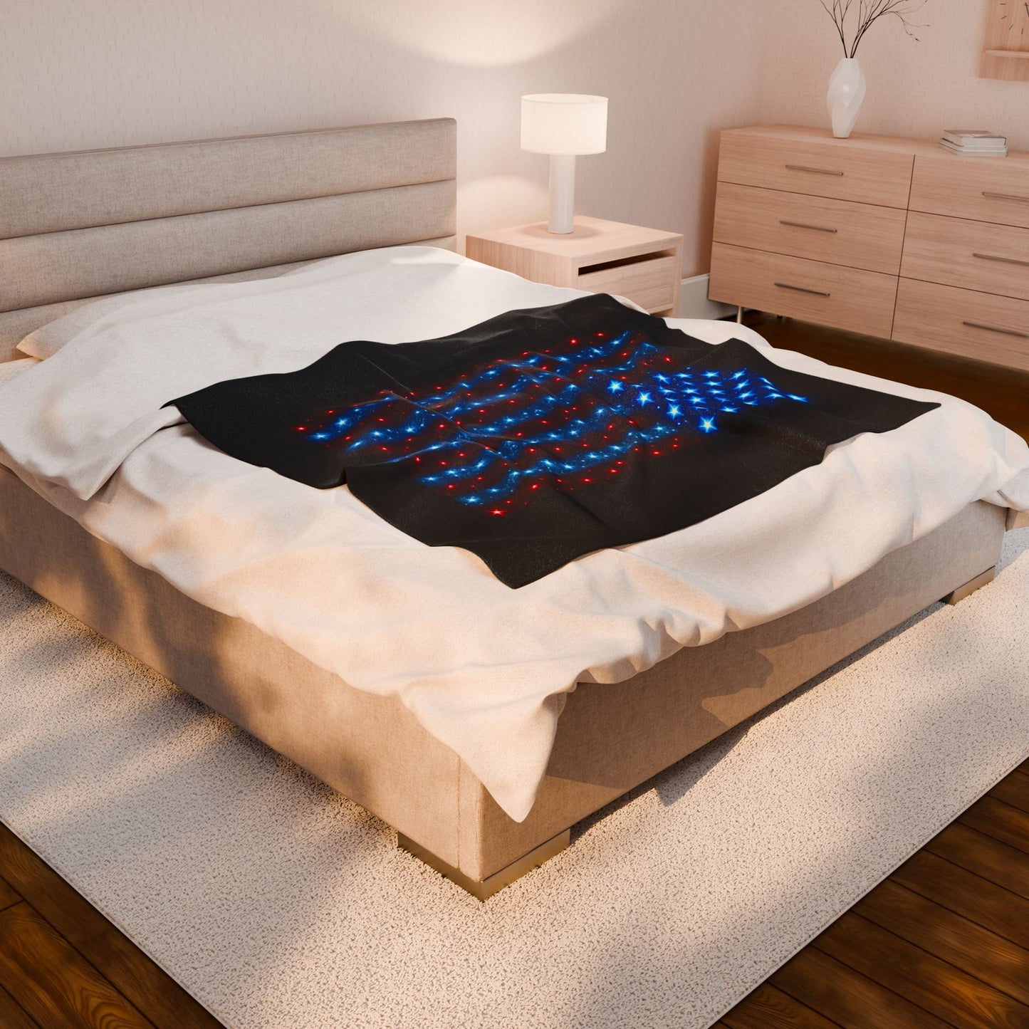 Starry Bioluminescent USA Flag Plush Blanket - Velveteen Patriotic Throw - 4th July Cozy Home Decor - Modern Stars and Stripes Throw