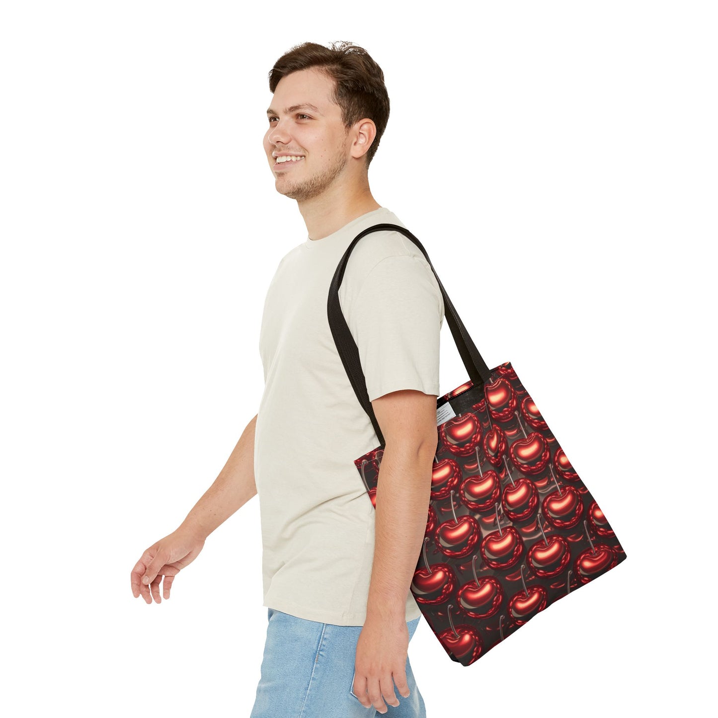 Glossy Cherry Pattern Canvas Tote Bag – Retro Black & Red Cherry Print, Coquette Cottagecore Aesthetic Shopper Tote, Fruit Lover Gift