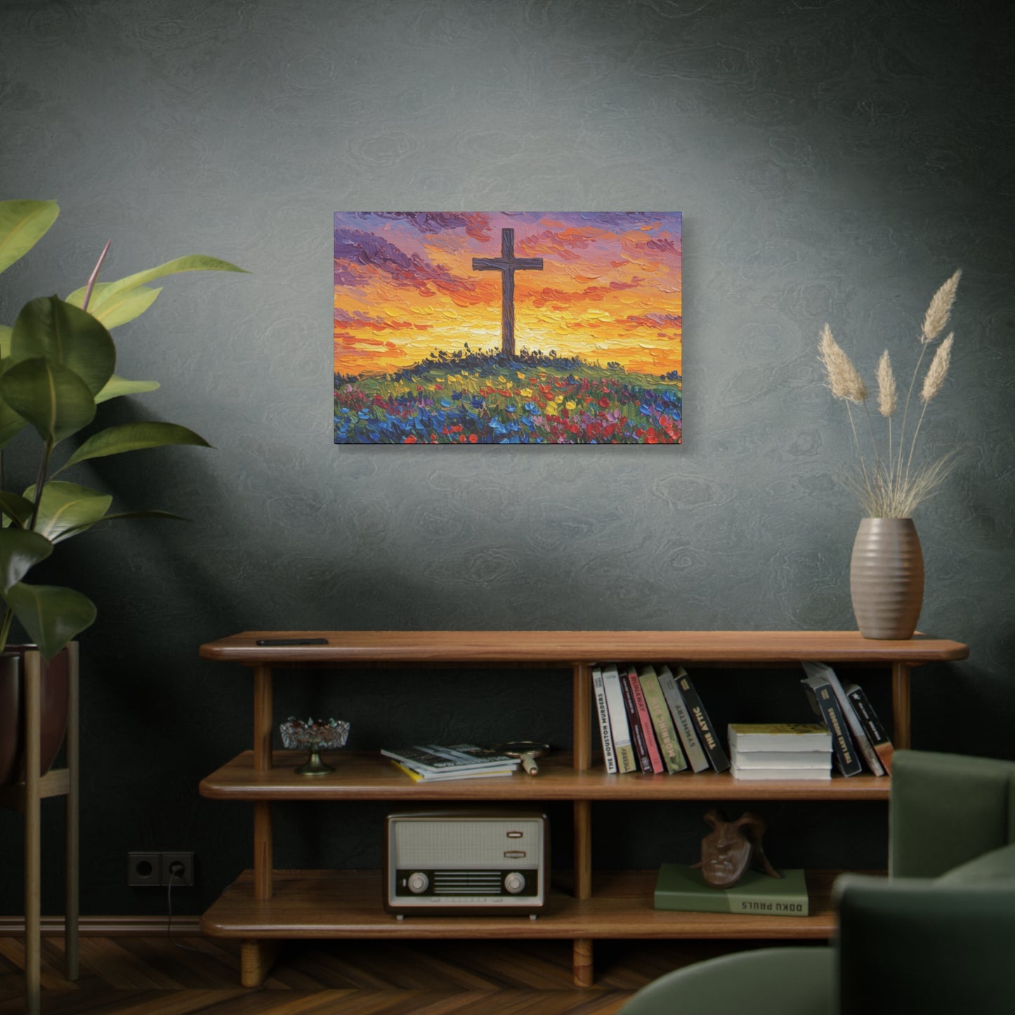 Van Gogh Inspired Inspirational Stretched Canvas Art - Sunset Cross Landscape