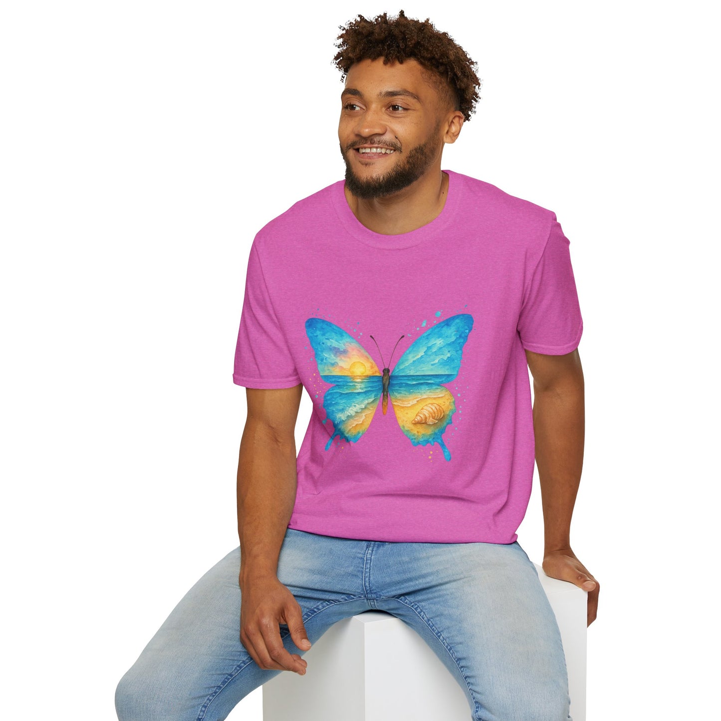Butterfly Sunset Beach Tee - Scenic Butterfly Graphic Shirt, Nature Lover Gift, Boho Ocean Tee, Unisex Casual T-Shirt