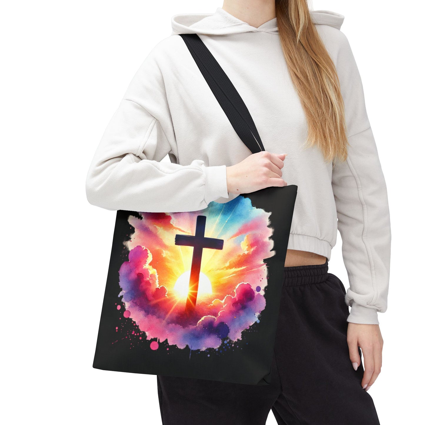 Inspirational Watercolor Sunrise Cross Tote Bag – Faith Art Canvas Tote, Christian Gift, Spiritual Aesthetic, Colorful Bible Verse Tote – Reusable Black Tote