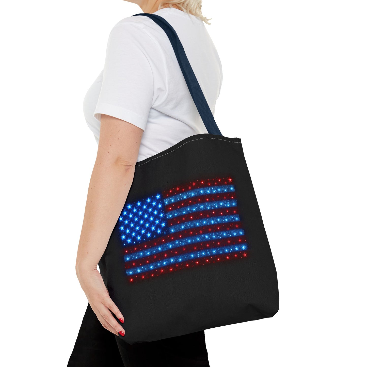 Galaxy Bioluminescent USA Flag Tote Bag - Patriotic Cosmic Canvas Shopper - Starry Red White Blue Tote Non-Glow - 4th July Gift