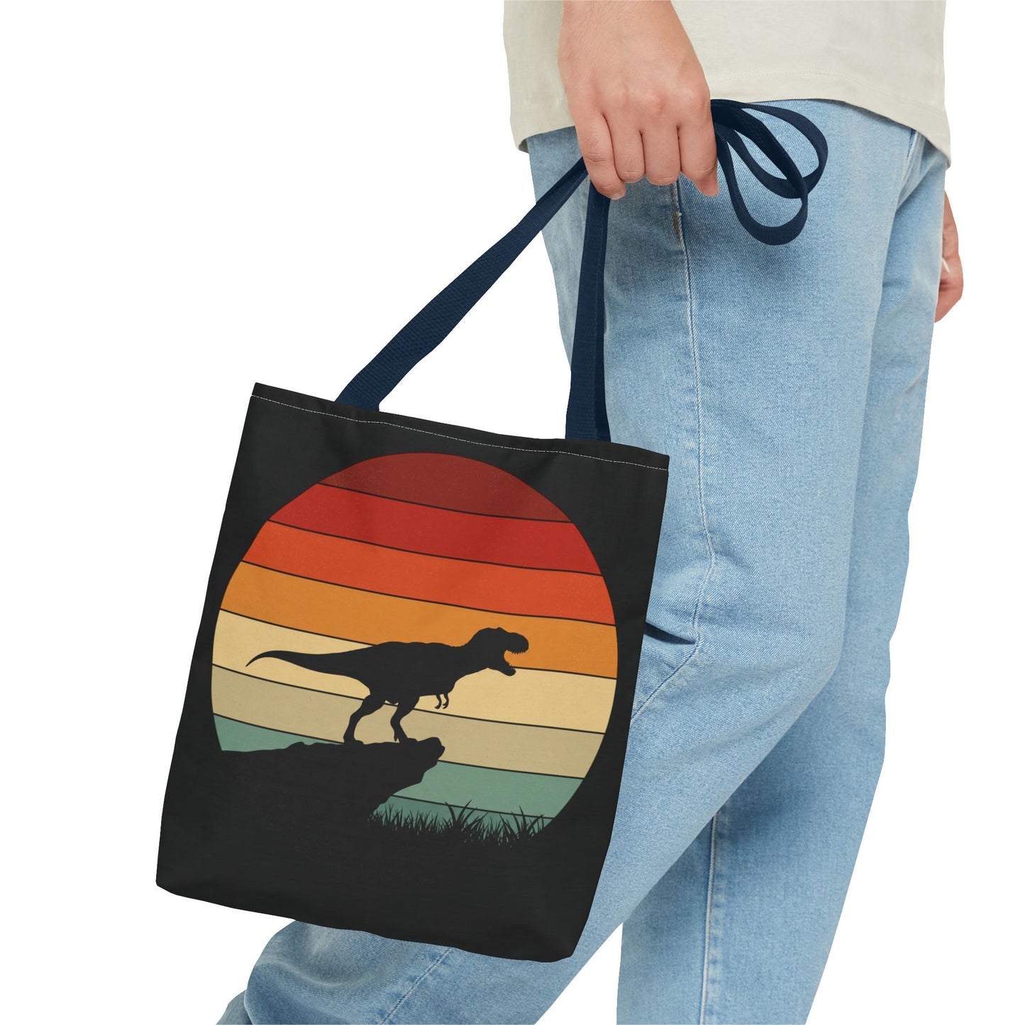 Retro Dinosaur Sunset Tote Bag | AOP Canvas Shopper - Eco Beach Bag for Dino Lovers and Kids, All-Over Print Summer Travel Gift