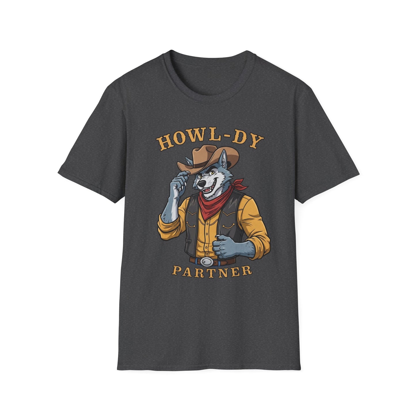 Howl-dy Partner Wolf Cowboy T-Shirt | Western Howling Wolf Graphic Tee, Funny Animal Shirt, Cowboy Gifts, Rustic Country Tee