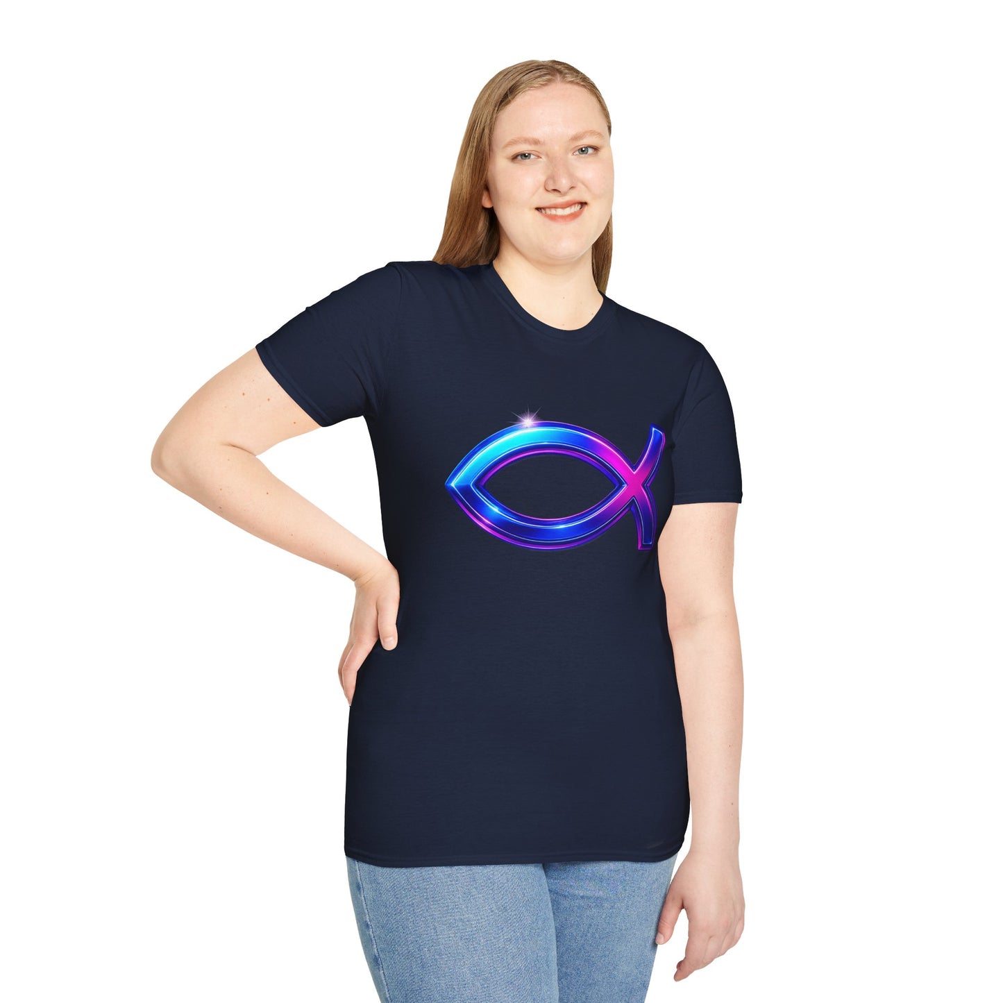 Neon Christian Fish T-Shirt, Modern Faith Tee, Ichthys Jesus Shirt, Spiritual Gift For Men And Women, Glow Cross Symbol Graphic Tee