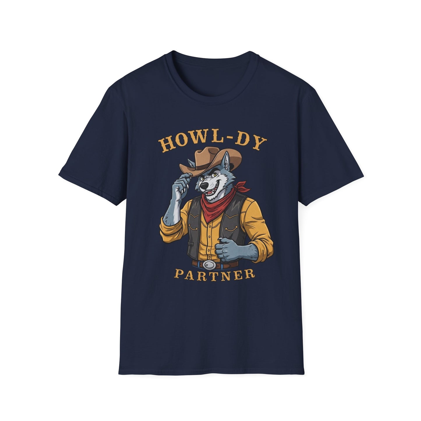 Howl-dy Partner Wolf Cowboy T-Shirt | Western Howling Wolf Graphic Tee, Funny Animal Shirt, Cowboy Gifts, Rustic Country Tee