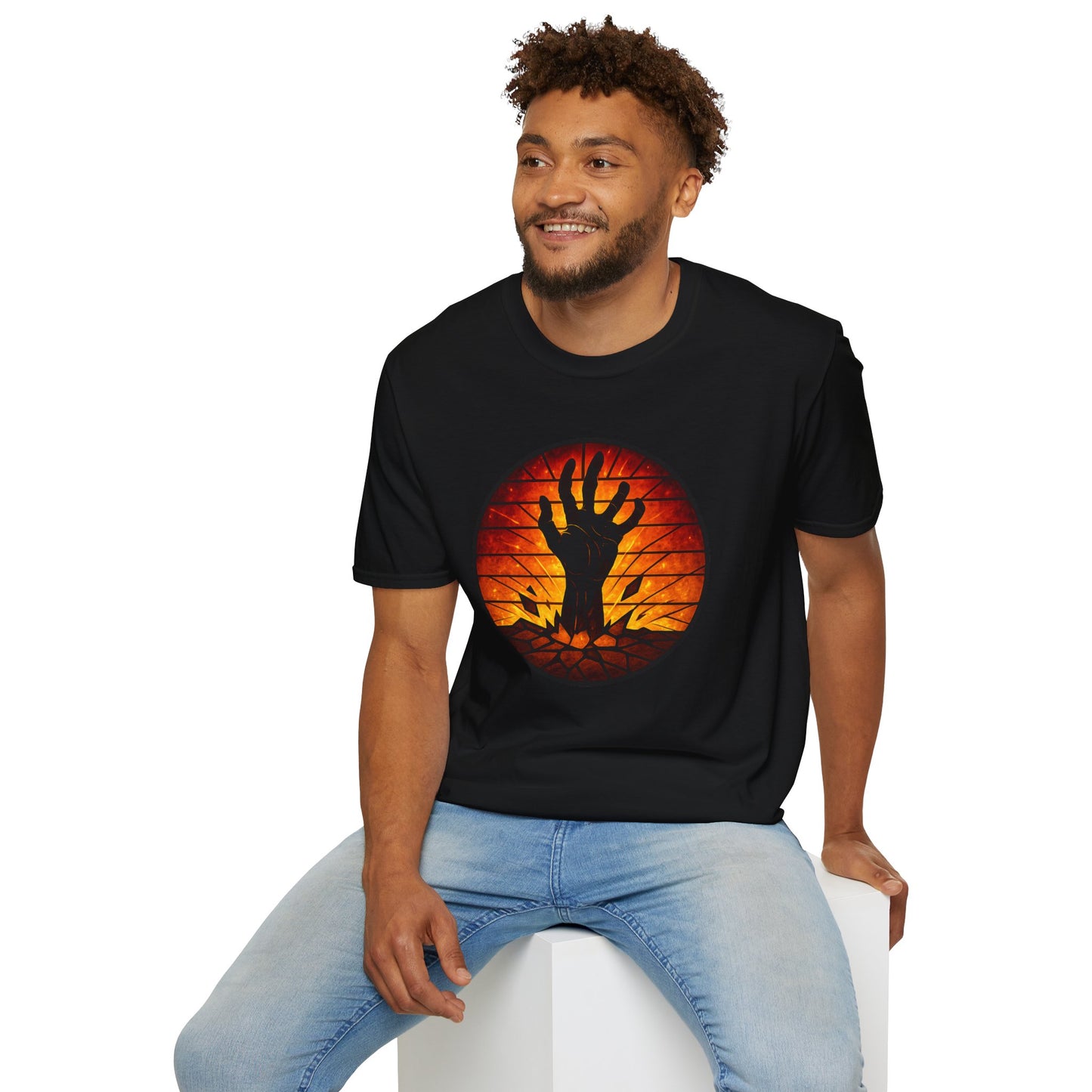 Zombie Hand Sunset T-Shirt – Stained Glass Horror Shirt, Halloween Gothic Tee, Undead Rising Art Tee, Creepy Spooky Shirt for Fall