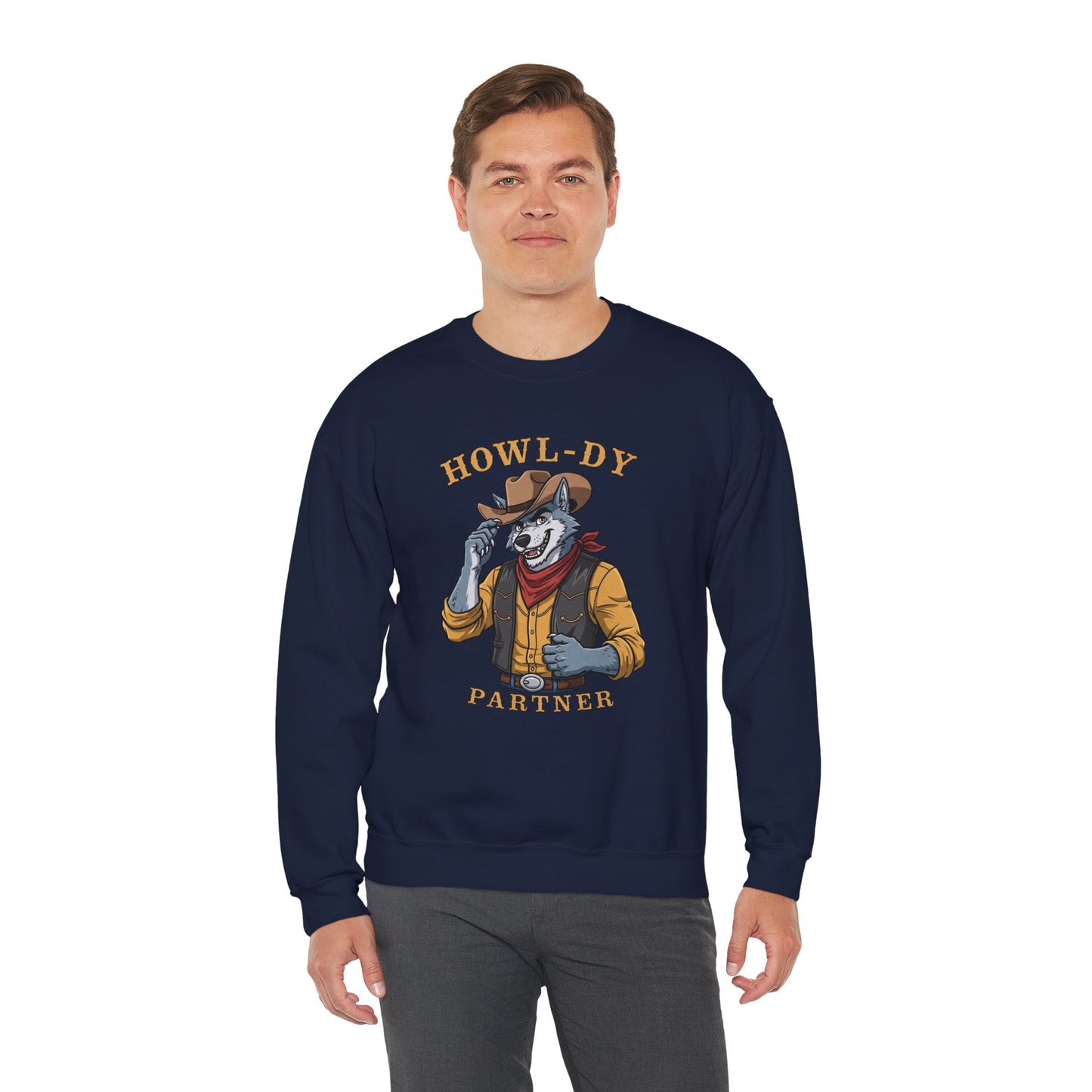 Howl-dy Partner Wolf Sweatshirt, Cowboy Werewolf Halloween Crewneck, Western Spooky Graphic Pullover for Animal Lover Gift Sweatshirt