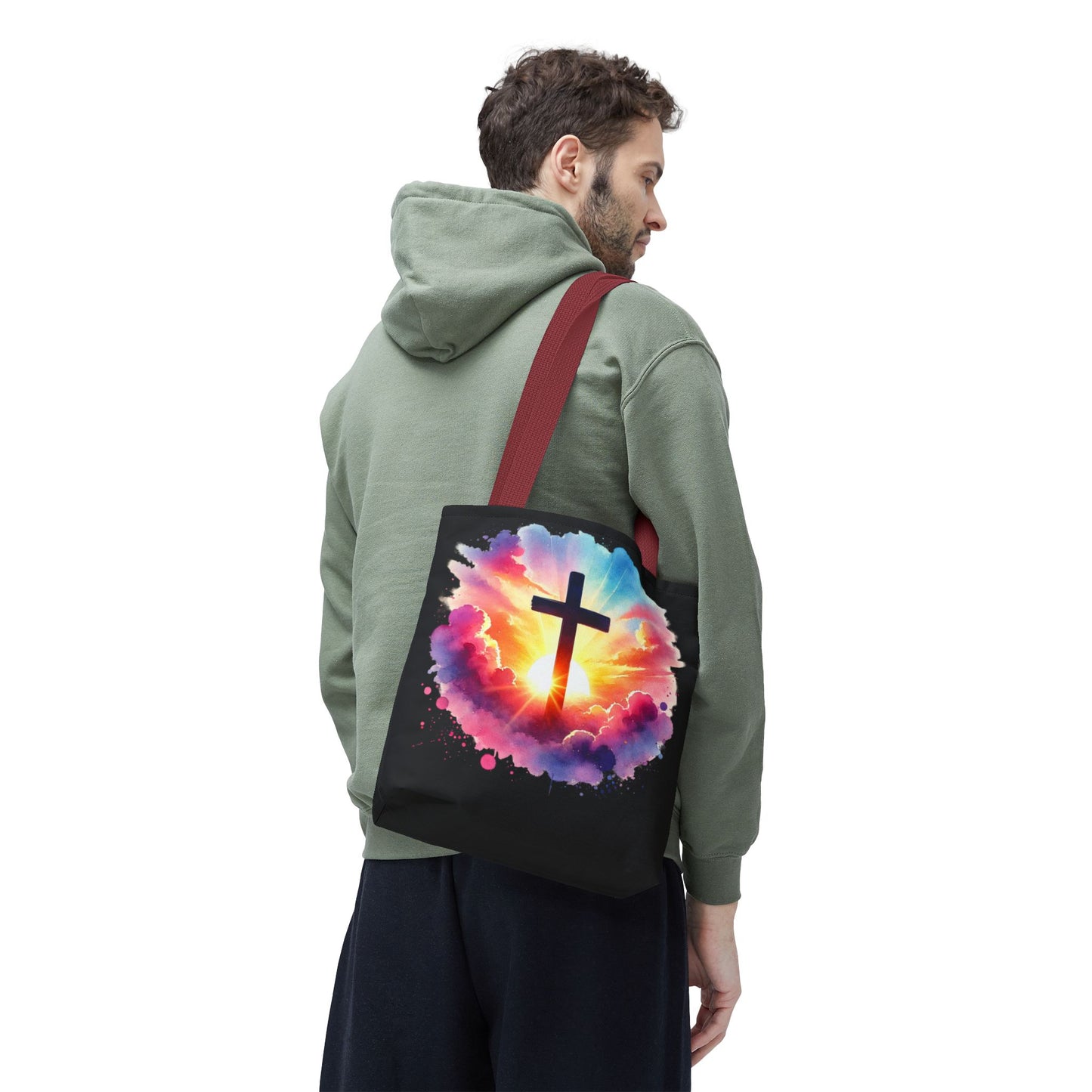 Inspirational Watercolor Sunrise Cross Tote Bag – Faith Art Canvas Tote, Christian Gift, Spiritual Aesthetic, Colorful Bible Verse Tote – Reusable Black Tote