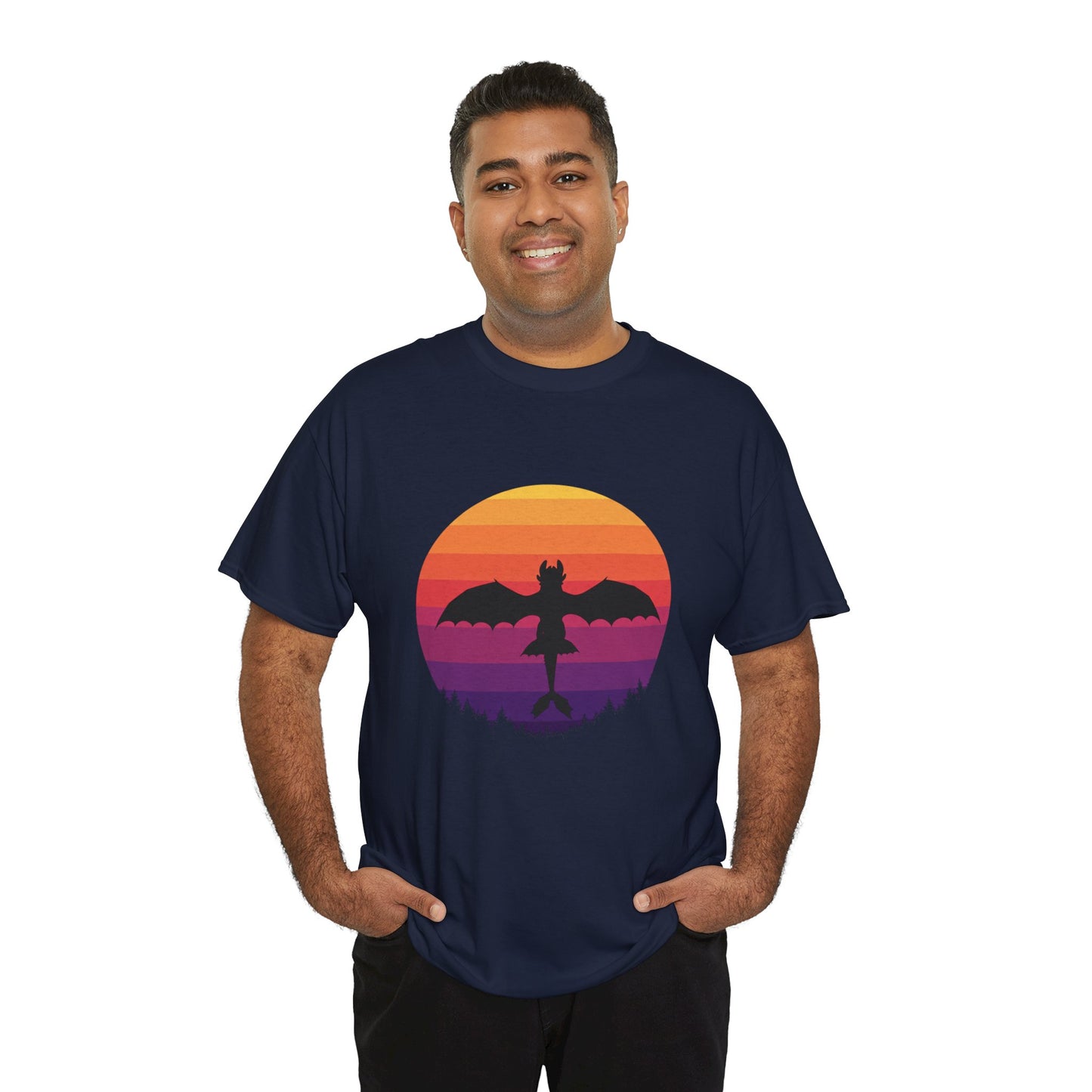Night Dragon Sunset T-Shirt | Retro Dragon Silhouette Tee | Fantasy Dragon Shirt | Unisex Graphic Tee | Gift for Dragon Lovers