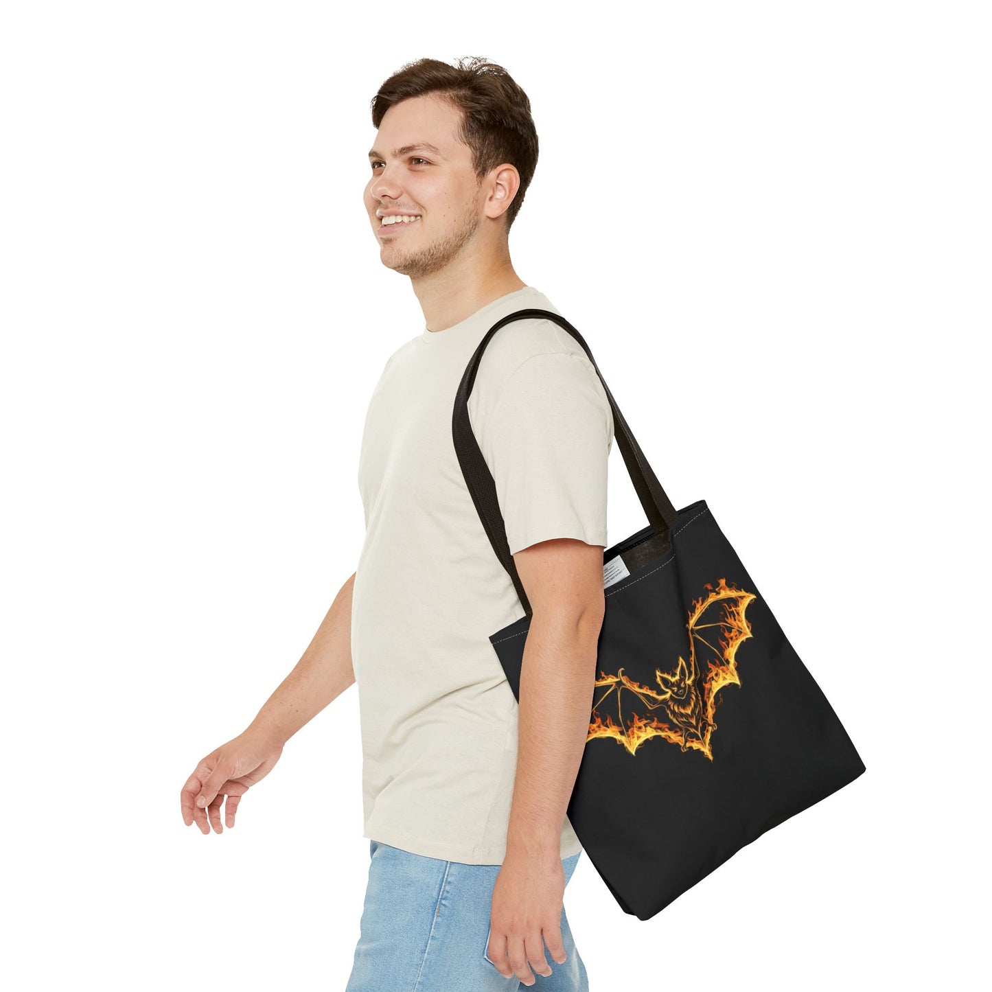 Flaming Bat Tote Bag, Gothic Halloween Canvas Tote, Fiery Wing Bat Design Tote, Spooky Season Accessory, Gothic Gift Tote