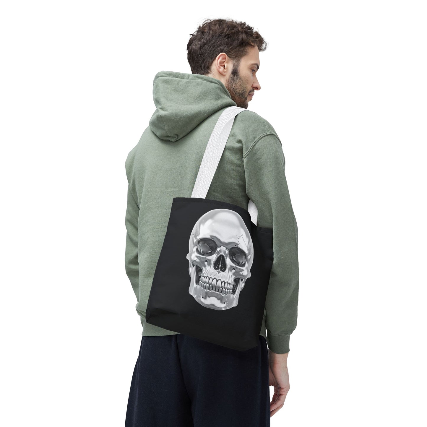 Chrome Skull Tote Bag, Gothic Halloween Canvas Tote, Metallic Skull Design Bag, Spooky Season Accessory, Skull Gift Tote For Horror Fans