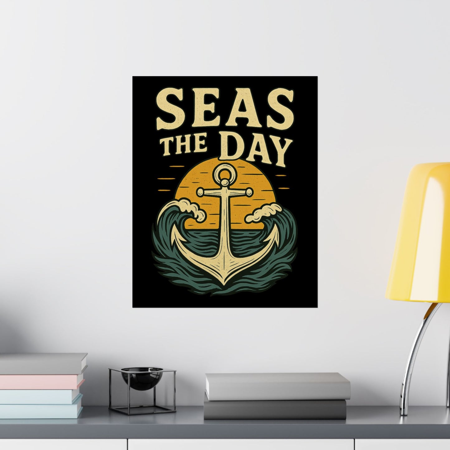 Poster - Seas the Day Anchor Sunset Design Nautical Decor Inspirational Reminder Beach Decoration