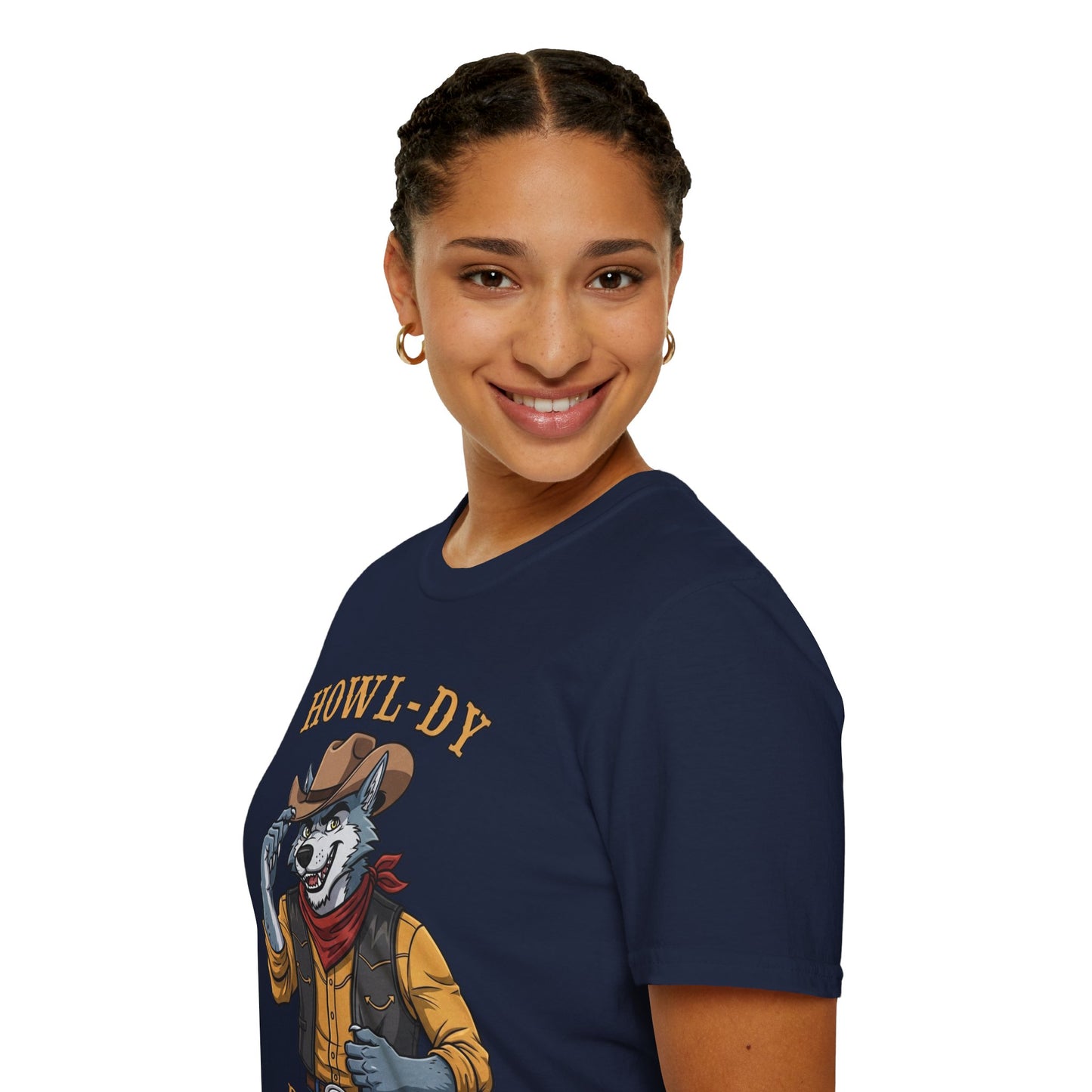 Howl-dy Partner Wolf Cowboy T-Shirt | Western Howling Wolf Graphic Tee, Funny Animal Shirt, Cowboy Gifts, Rustic Country Tee