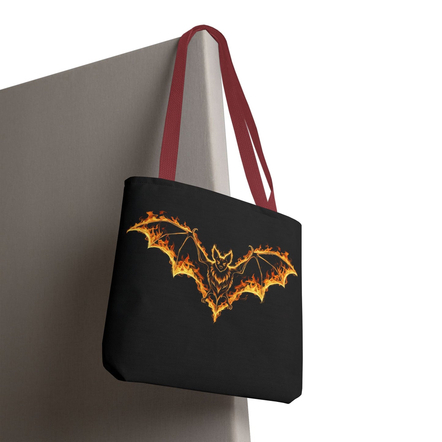 Flaming Bat Tote Bag, Gothic Halloween Canvas Tote, Fiery Wing Bat Design Tote, Spooky Season Accessory, Gothic Gift Tote