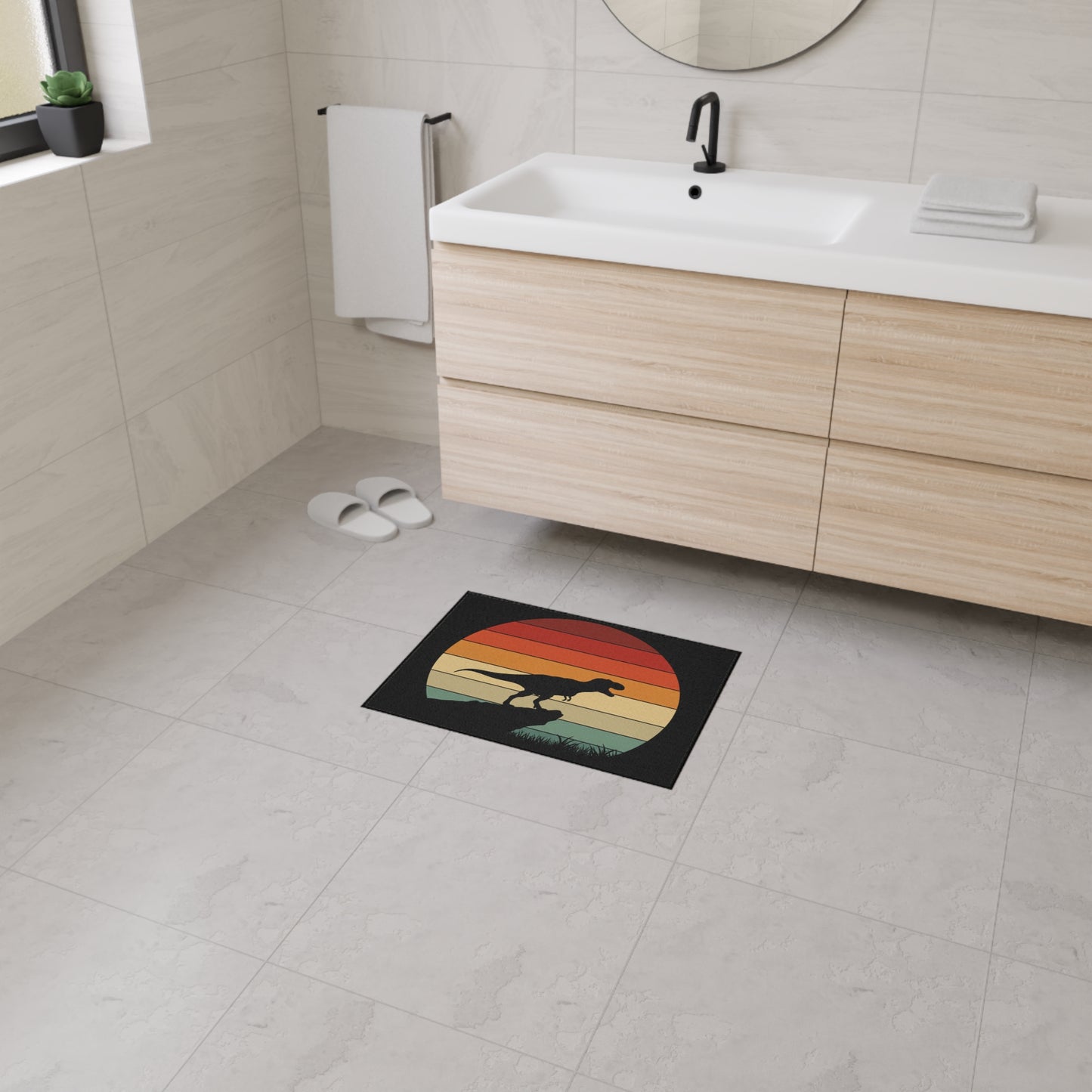 Retro T-Rex Sunset Floor Mat | Heavy Duty Playroom Rug - Non-Slip Dinosaur Entrance Mat for Kids Room, Home, Nursery Decor
