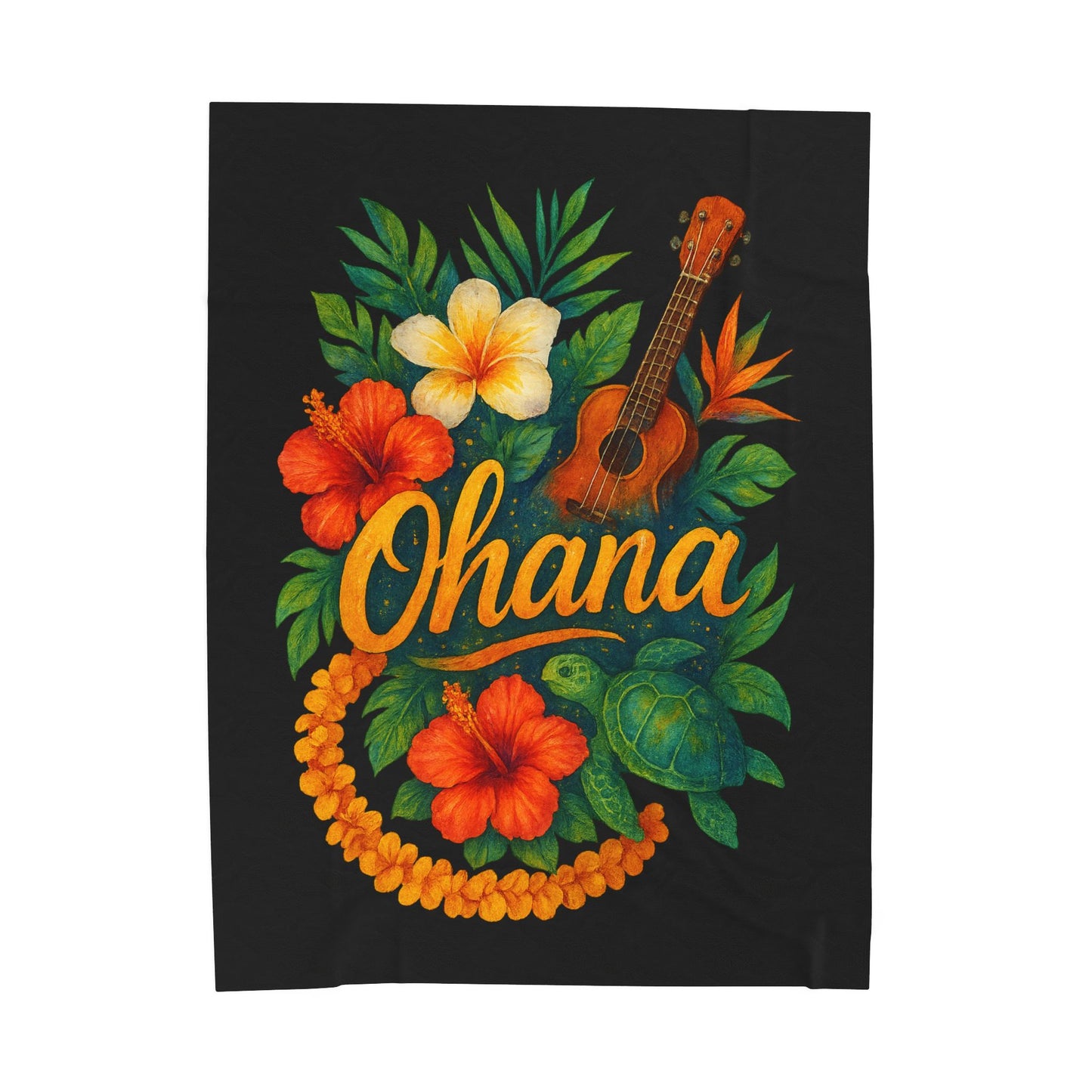 Ohana Hawaiian Blanket - Tropical Floral Turtle Ukulele Throw - Polynesian Island Bedding - Hawaii Gift - Cozy Beach Vibes Decor