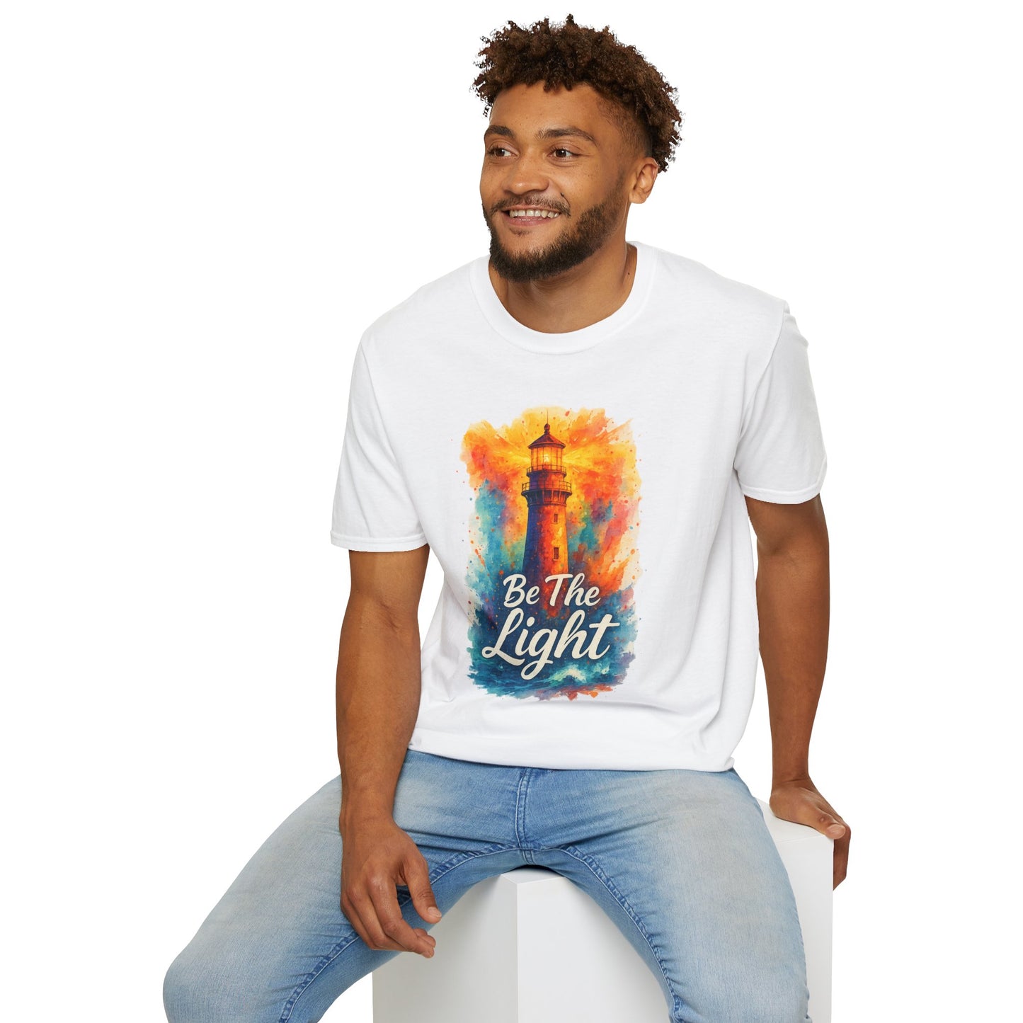 Be The Light Lighthouse T-Shirt | Inspirational Spiritual Tee | Coastal Nautical Gift for Her and Him | Unisex Softstyle Graphic Tee