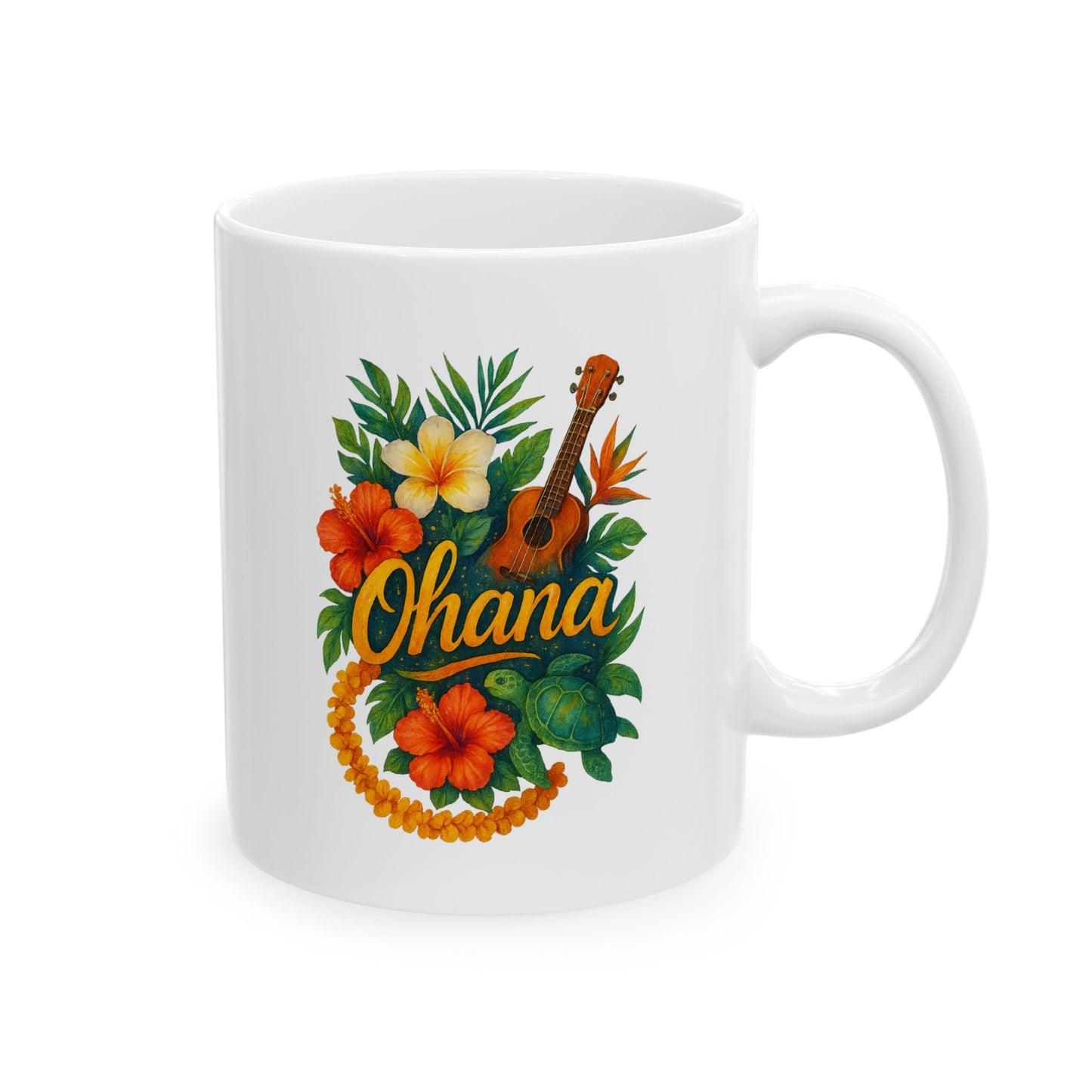 Ohana Hawaiian Mug - Tropical Coffee Cup with Ukulele & Hibiscus Flowers - Island Gift for Family, Friends, or Beach Lovers
